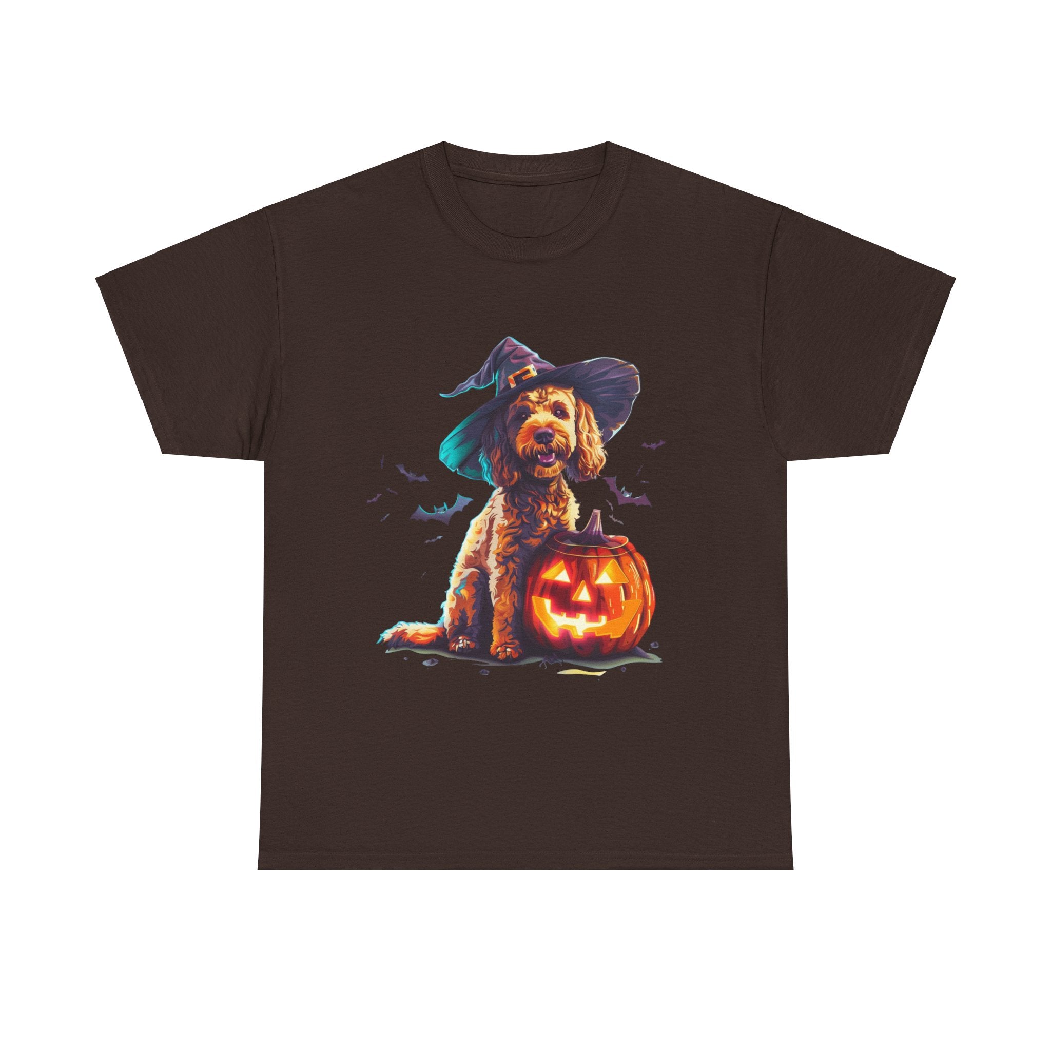 Printify T-Shirt Dark Chocolate / S Cockapoo in Witch Hat Halloween Tee – Unisex Cotton Shirt