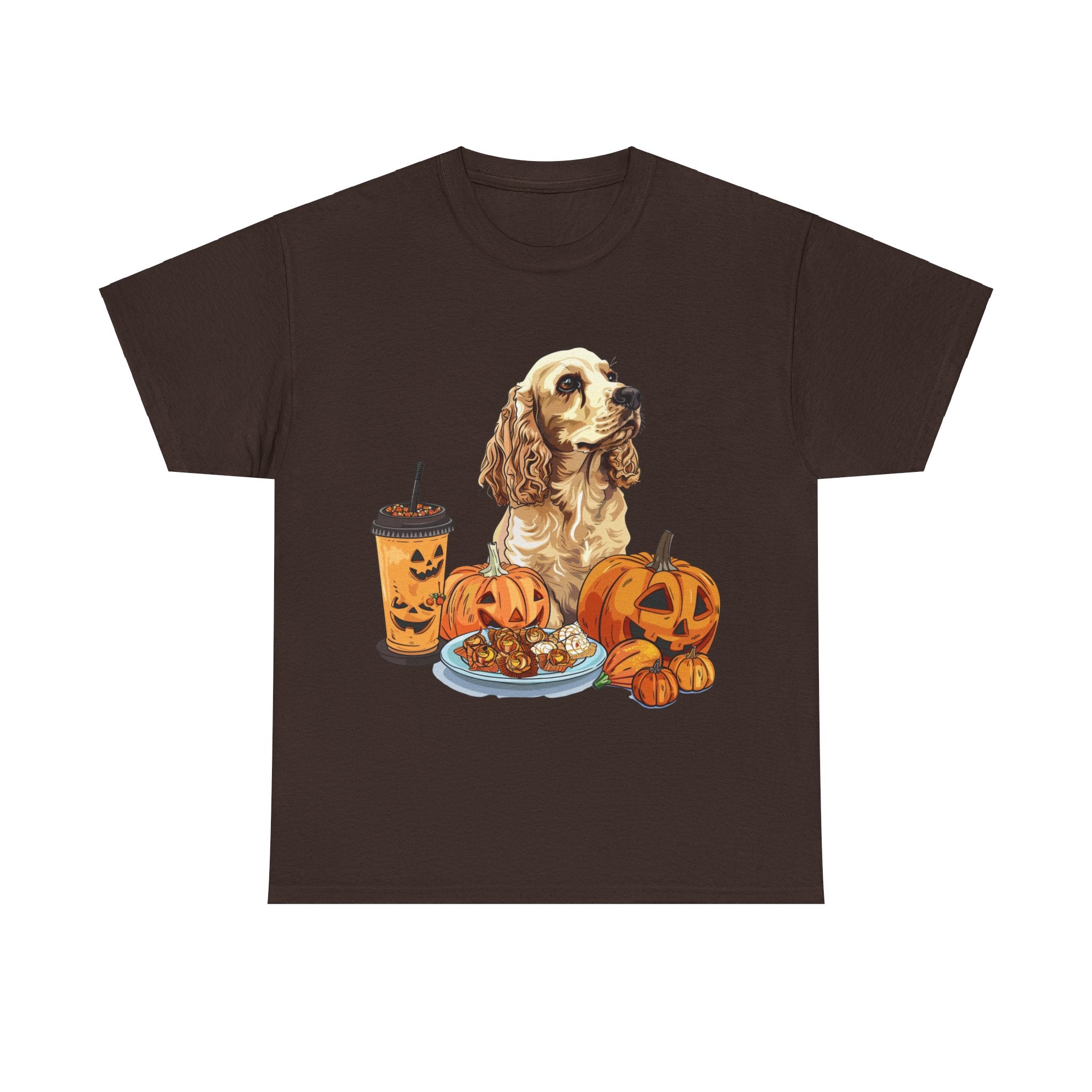 Printify T-Shirt Dark Chocolate / S Cocker Spaniel Halloween Design with Pumpkins and Sweet Treats – Ideal for Dog Lovers