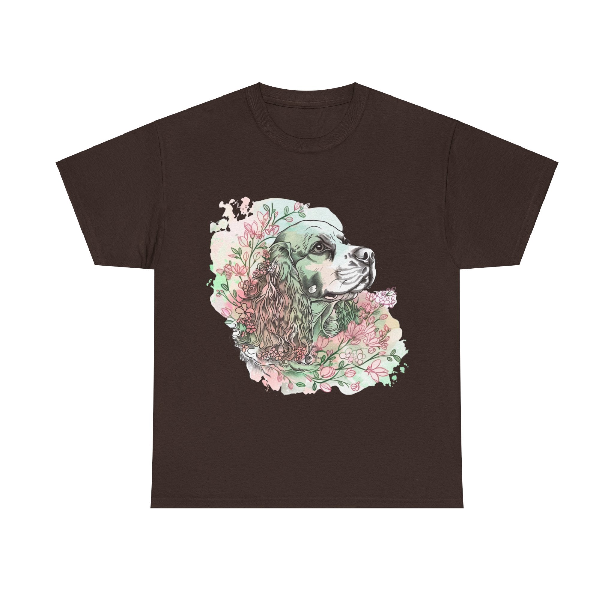 Printify T-Shirt Dark Chocolate / S Cocker Spaniel with Floral Accents – Artistic Dog Illustration