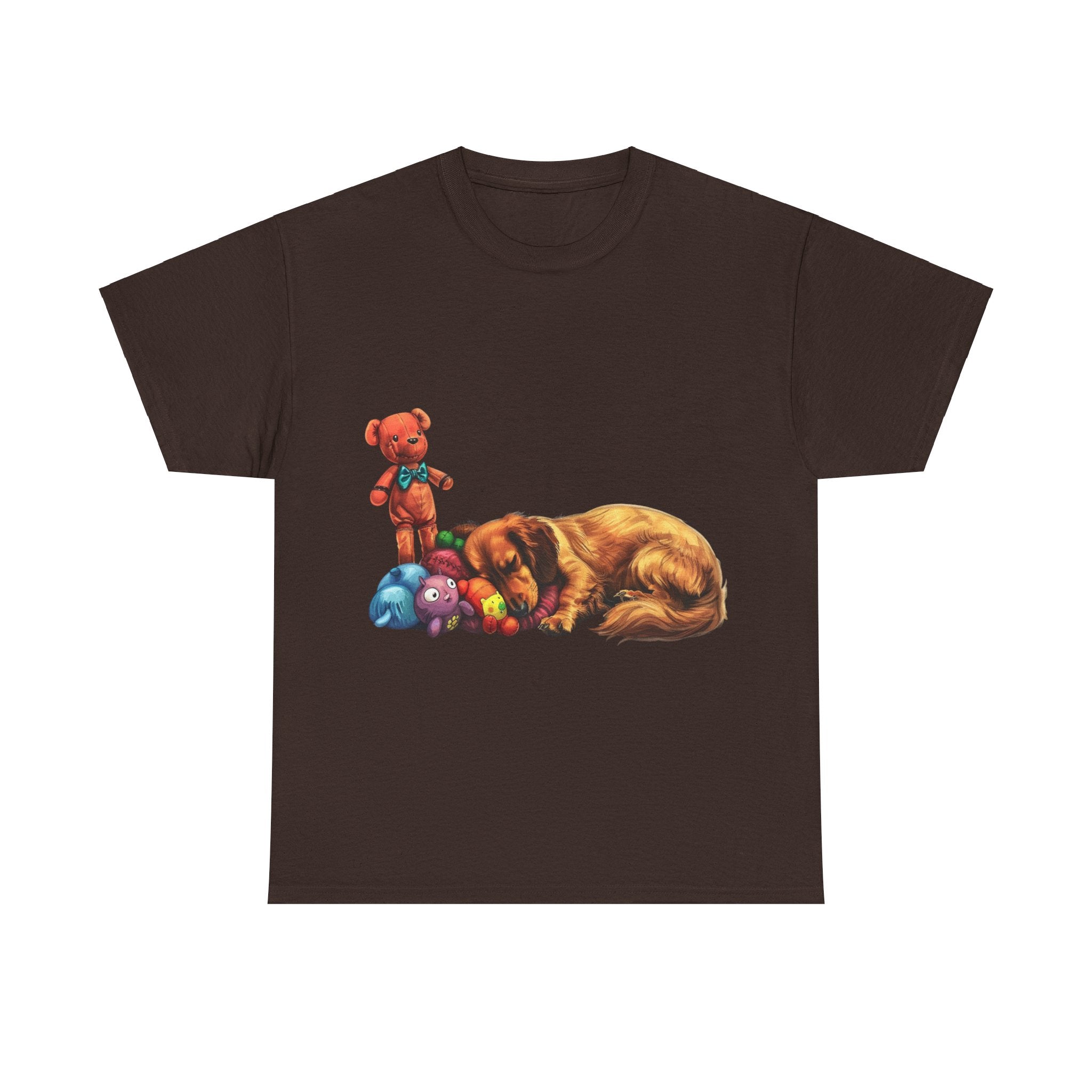 Printify T-Shirt Dark Chocolate / S Cozy Sleeping Dachshund with Toys – Adorable Design for Pet Lovers