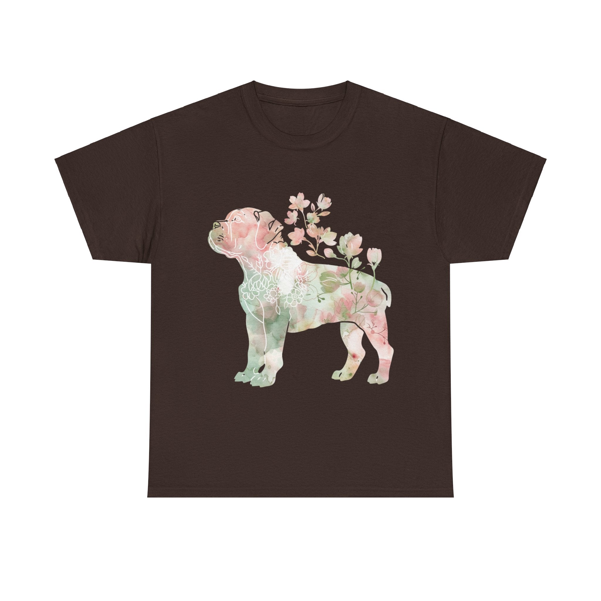 Printify T-Shirt Dark Chocolate / S Floral Boxer Puppy Unisex Heavy Cotton Tee