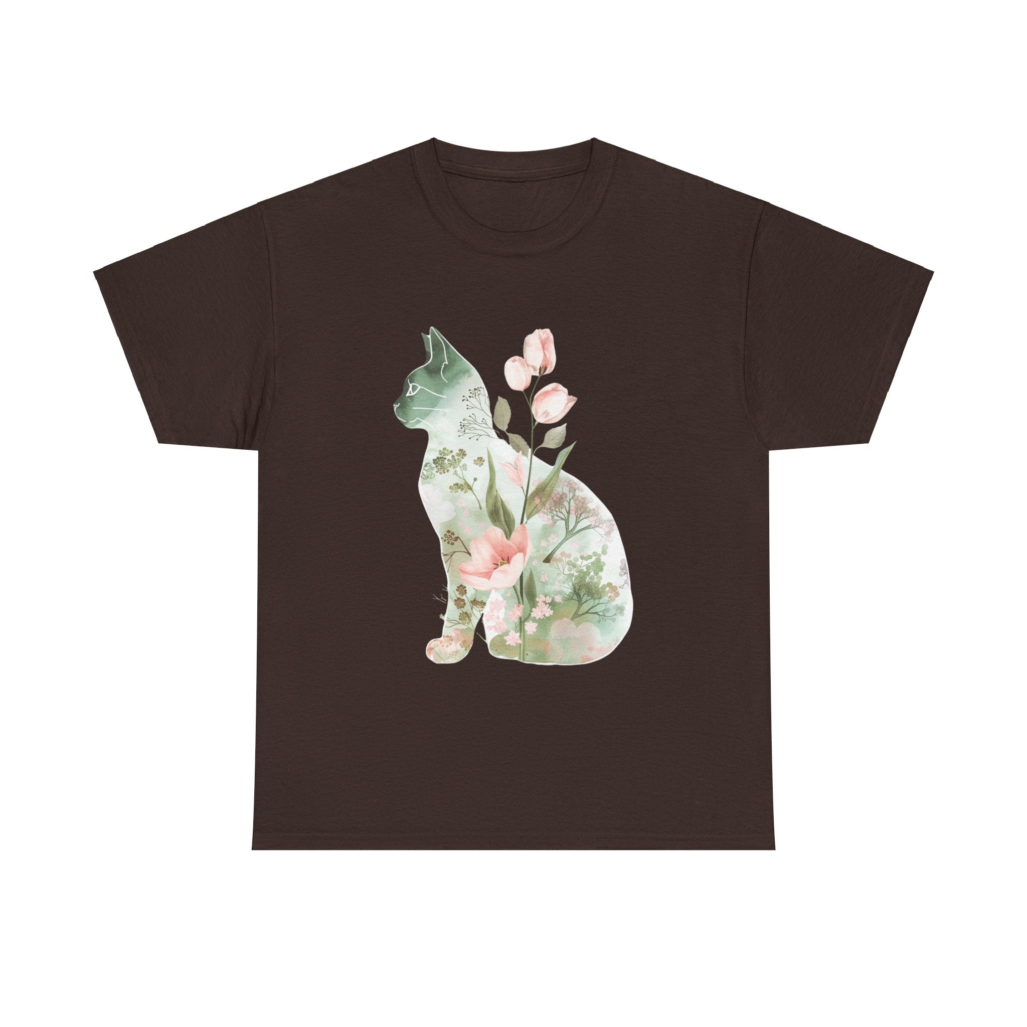 Printify T-Shirt Dark Chocolate / S Floral Cat Unisex Heavy Cotton Tee