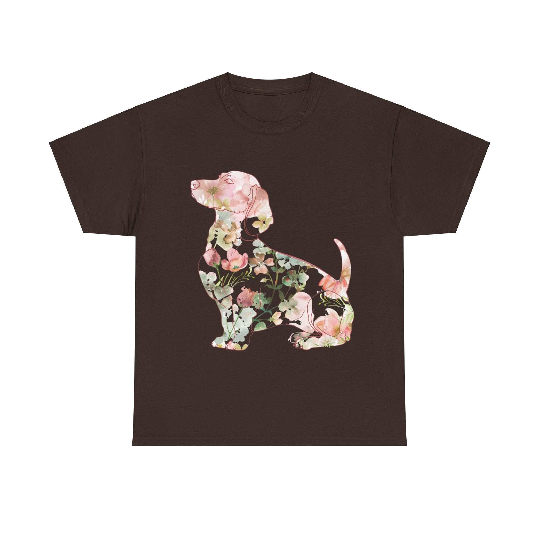 Printify T-Shirt Dark Chocolate / S Floral Dachshund Unisex Heavy Cotton Tee