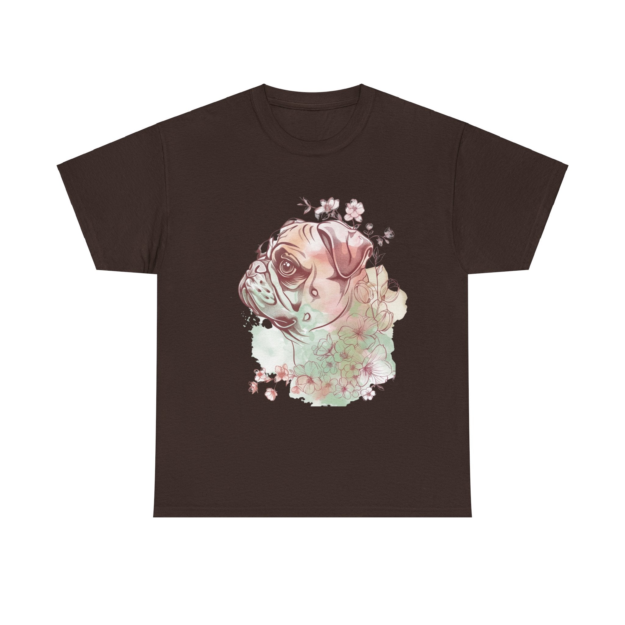 Printify T-Shirt Dark Chocolate / S Floral Pug Silhouette Unisex Heavy Cotton Tee