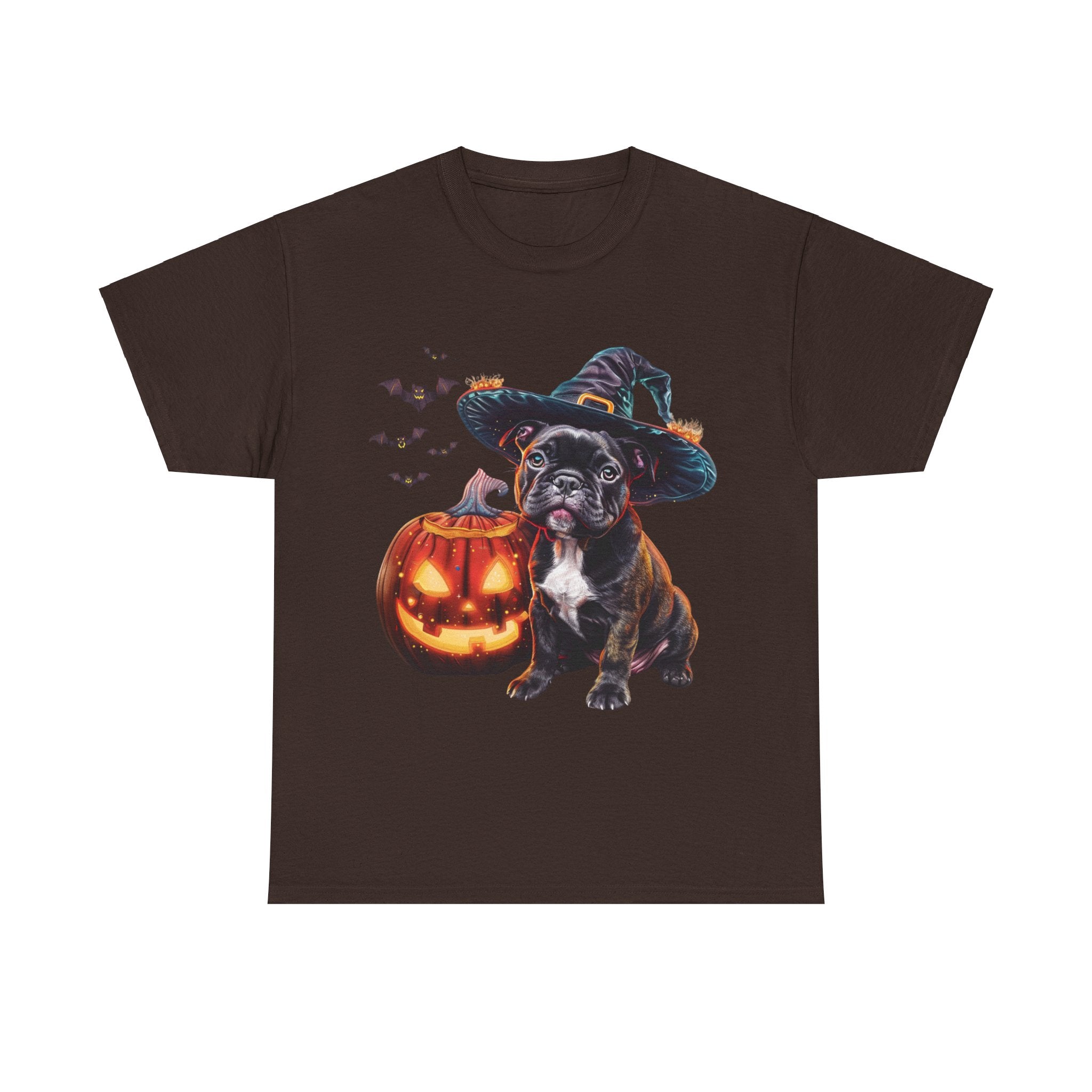 Printify T-Shirt Dark Chocolate / S French Bulldog Halloween Witch Hat and Pumpkin Unisex Cotton Tee