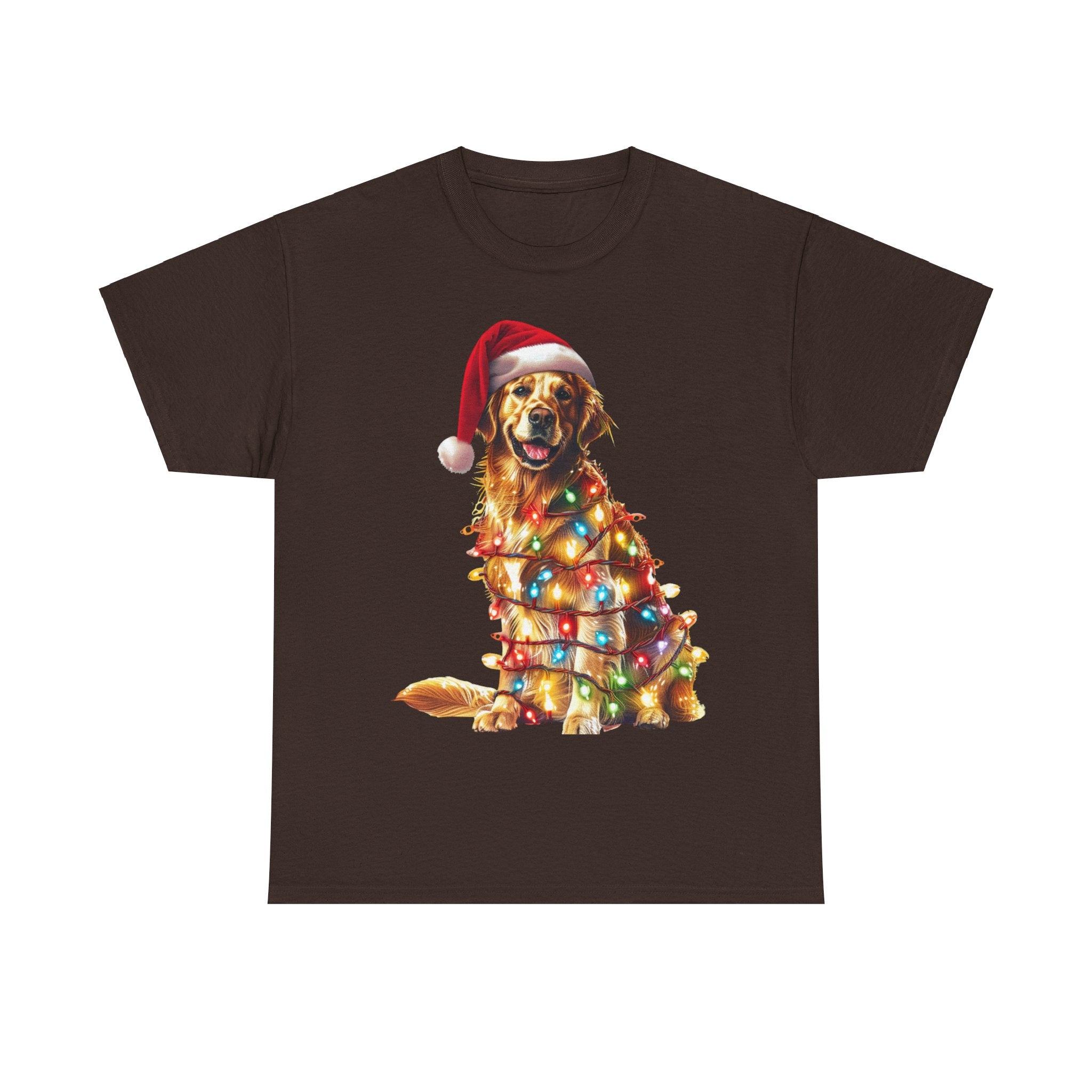 Printify T-Shirt Dark Chocolate / S Golden Retriever Christmas Lights Unisex Heavy Cotton Tee