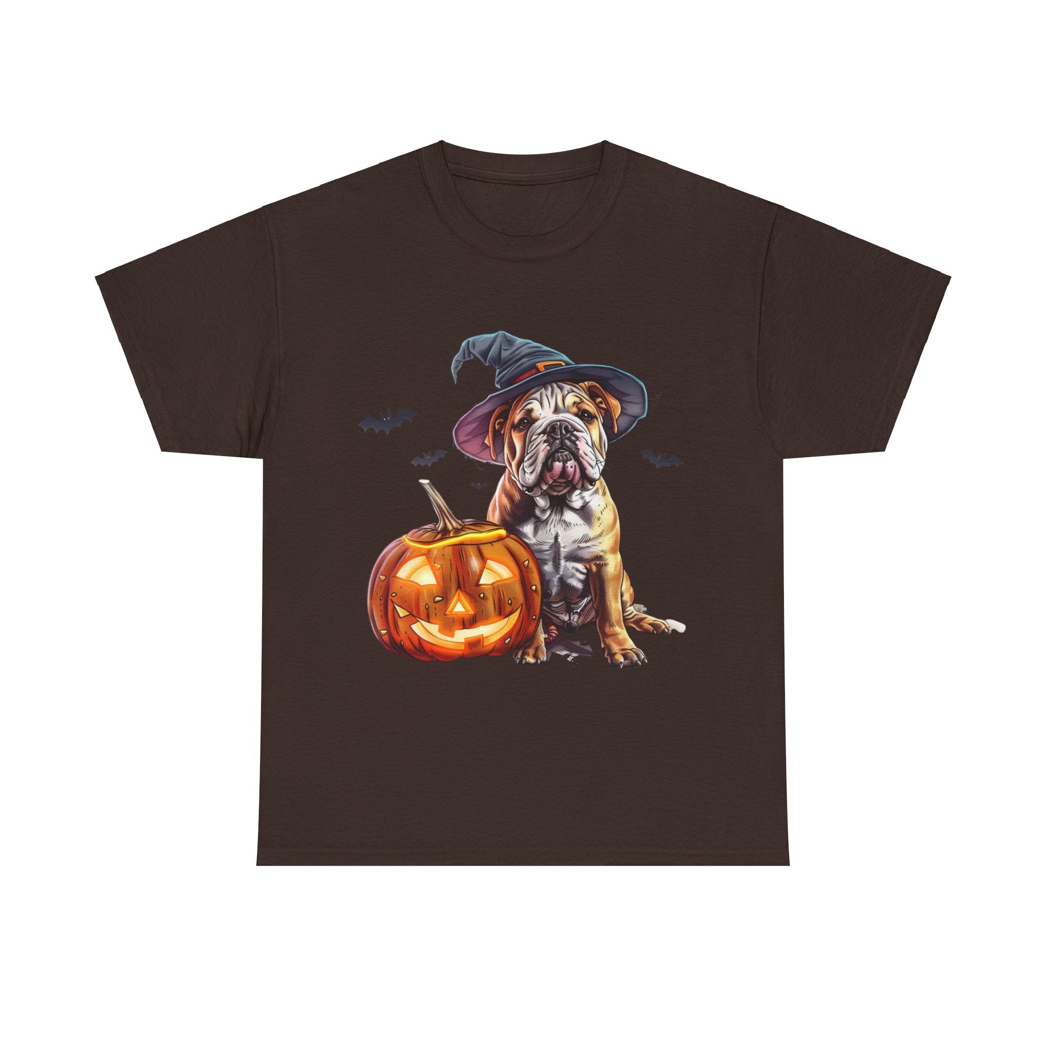 Printify T-Shirt Dark Chocolate / S Halloween Bulldog Witch Hat & Pumpkin Glow Unisex Cotton Tee