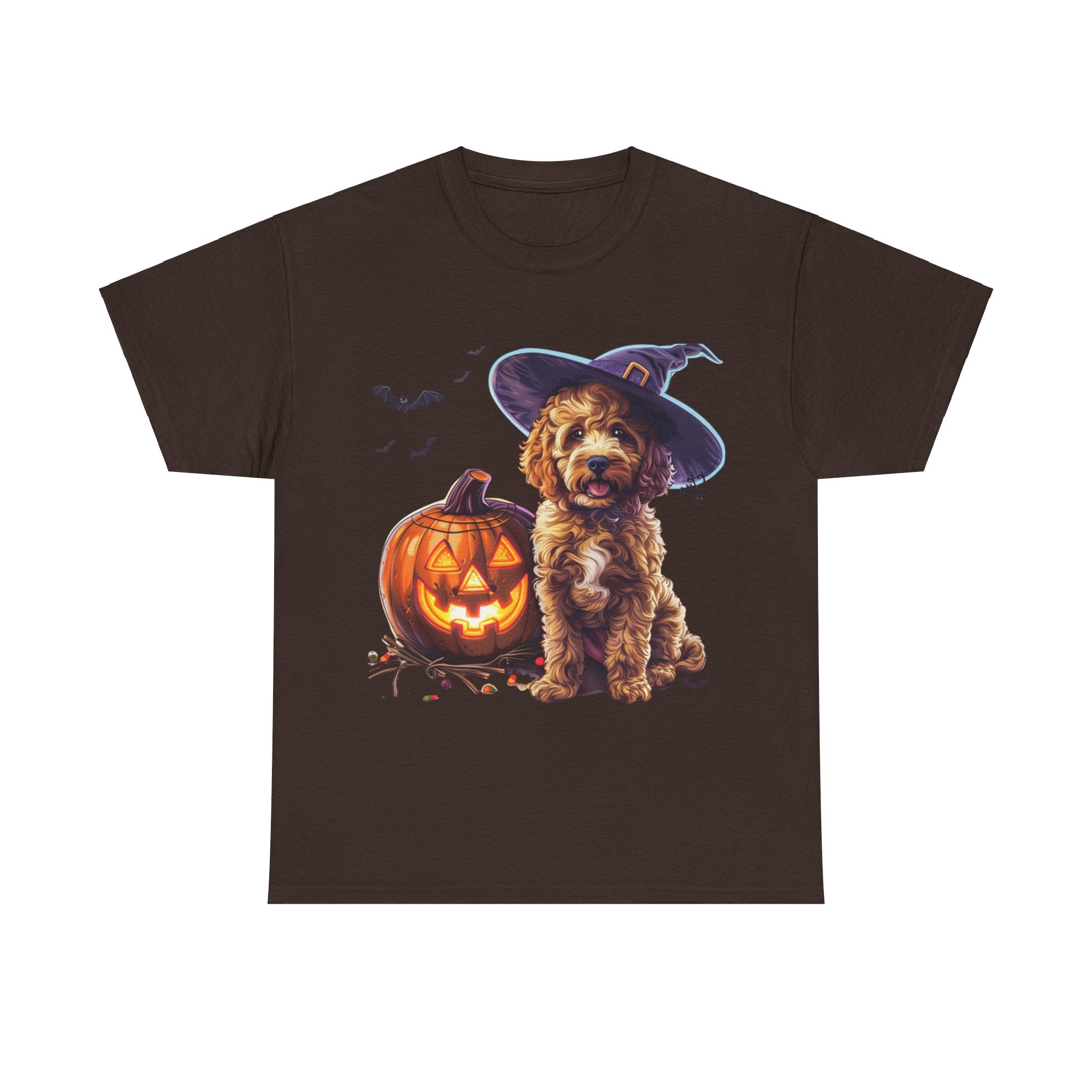 Printify T-Shirt Dark Chocolate / S Halloween Cockapoo Witch Hat & Glowing Pumpkin Unisex Cotton Tee