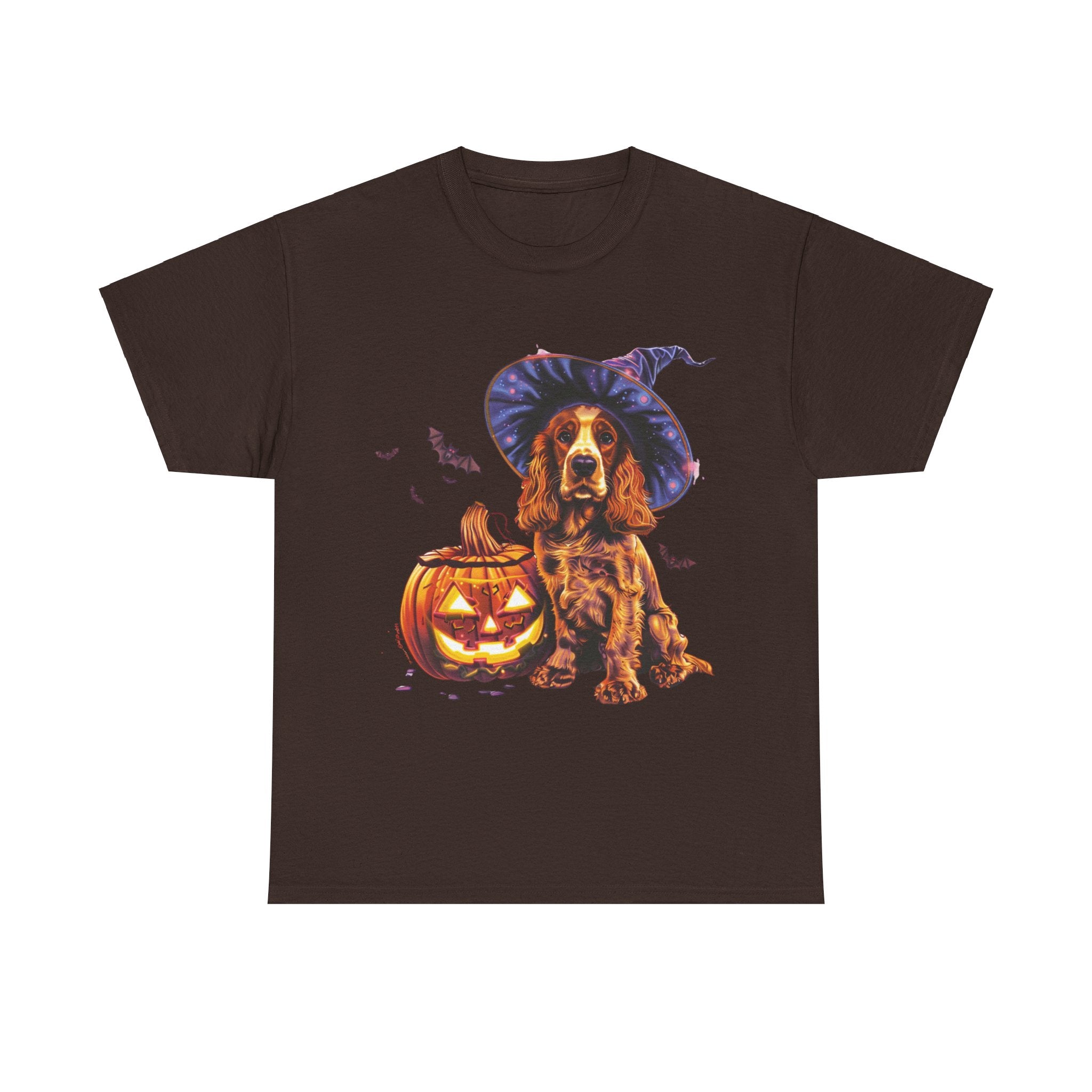 Printify T-Shirt Dark Chocolate / S Halloween Cocker Spaniel Witch Hat and Pumpkin Unisex Cotton Tee