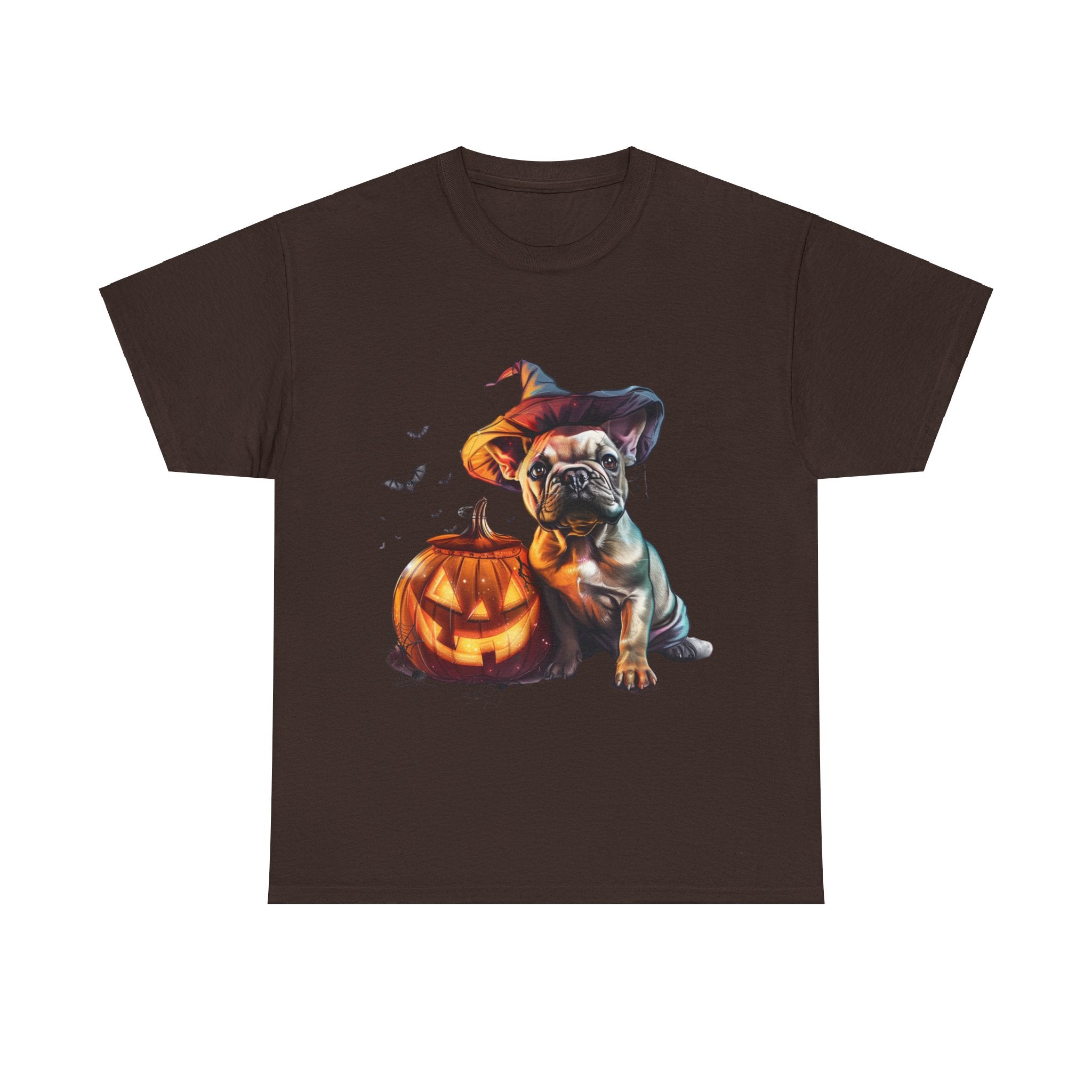 Printify T-Shirt Dark Chocolate / S Halloween French Bulldog with Pumpkin and Witch Hat Unisex Cotton Tee