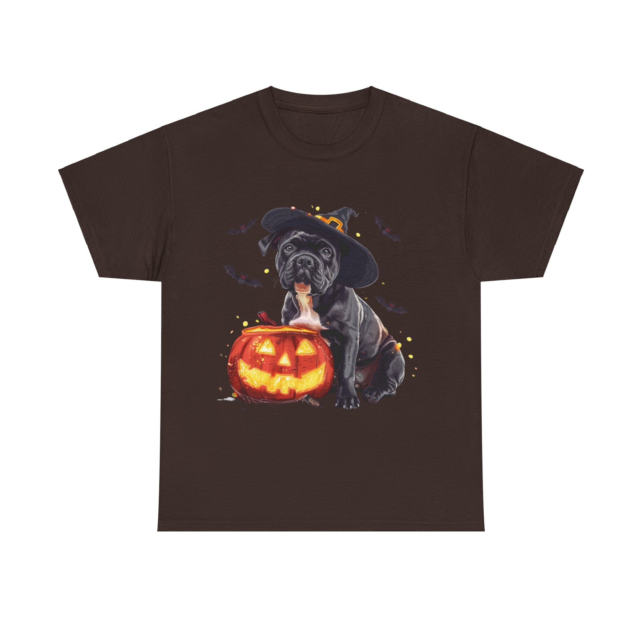 Printify T-Shirt Dark Chocolate / S Halloween Staffordshire Bull Terrier in Witch Hat Tee – Unisex Cotton Shirt