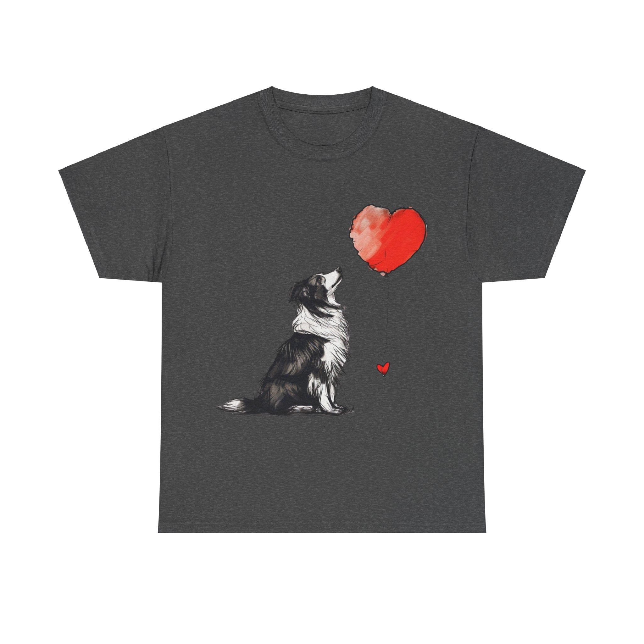 Printify T-Shirt Dark Heather / S Adorable Border Collie with Heart Balloon T-Shirt – Perfect for Dog Lovers