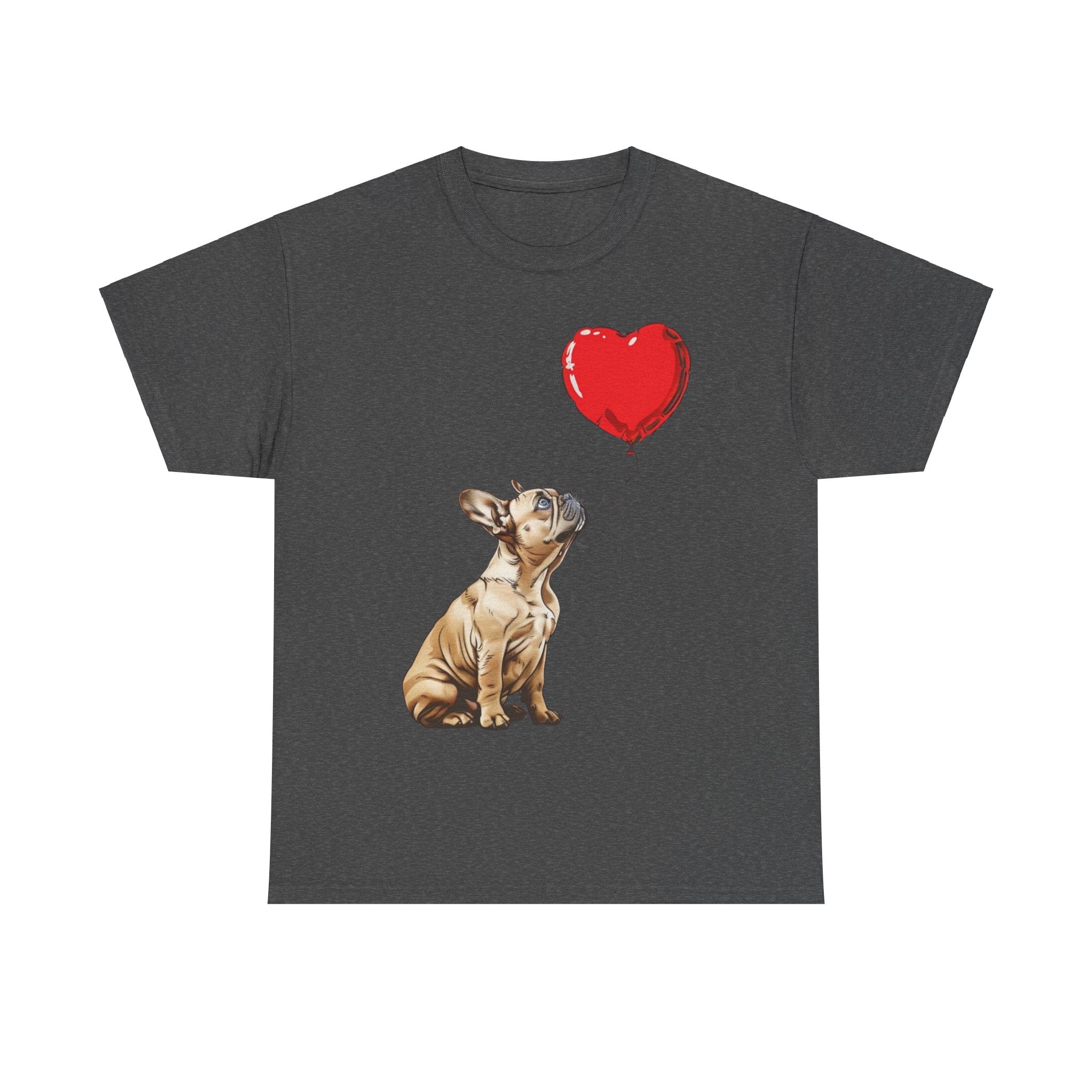 Printify T-Shirt Dark Heather / S Adorable French Bulldog with Heart Balloon T-Shirt – Perfect for Dog Lovers