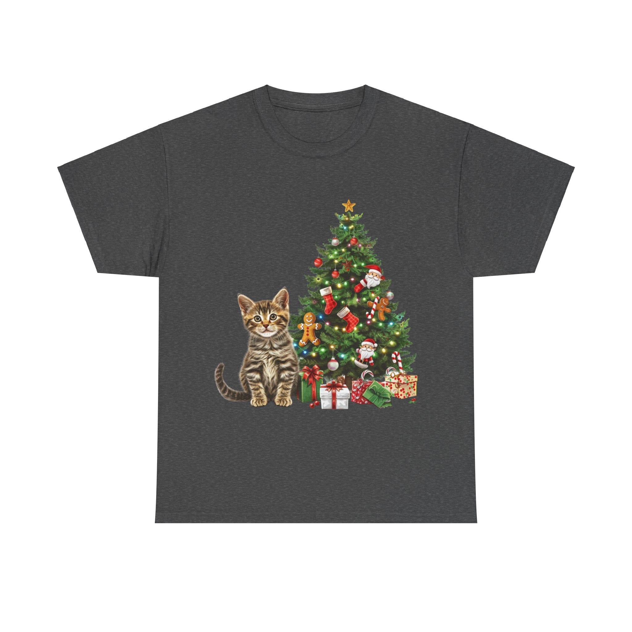 Printify T-Shirt Dark Heather / S Adorable Tabby Kitten with Christmas Tree and Gifts – Festive Holiday Cat Art