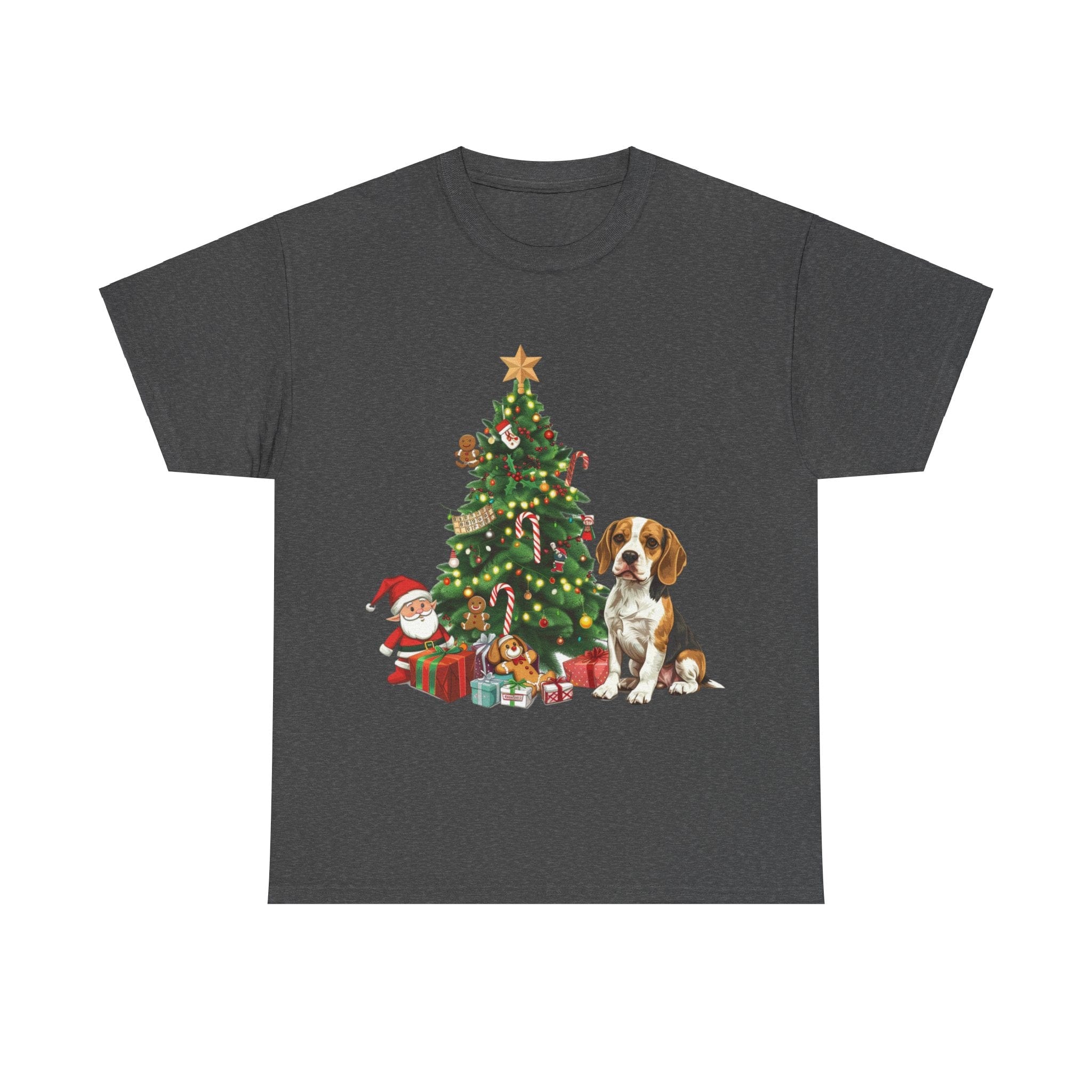 Printify T-Shirt Dark Heather / S Beagle with Christmas Tree and Gifts – Festive Holiday Dog Art