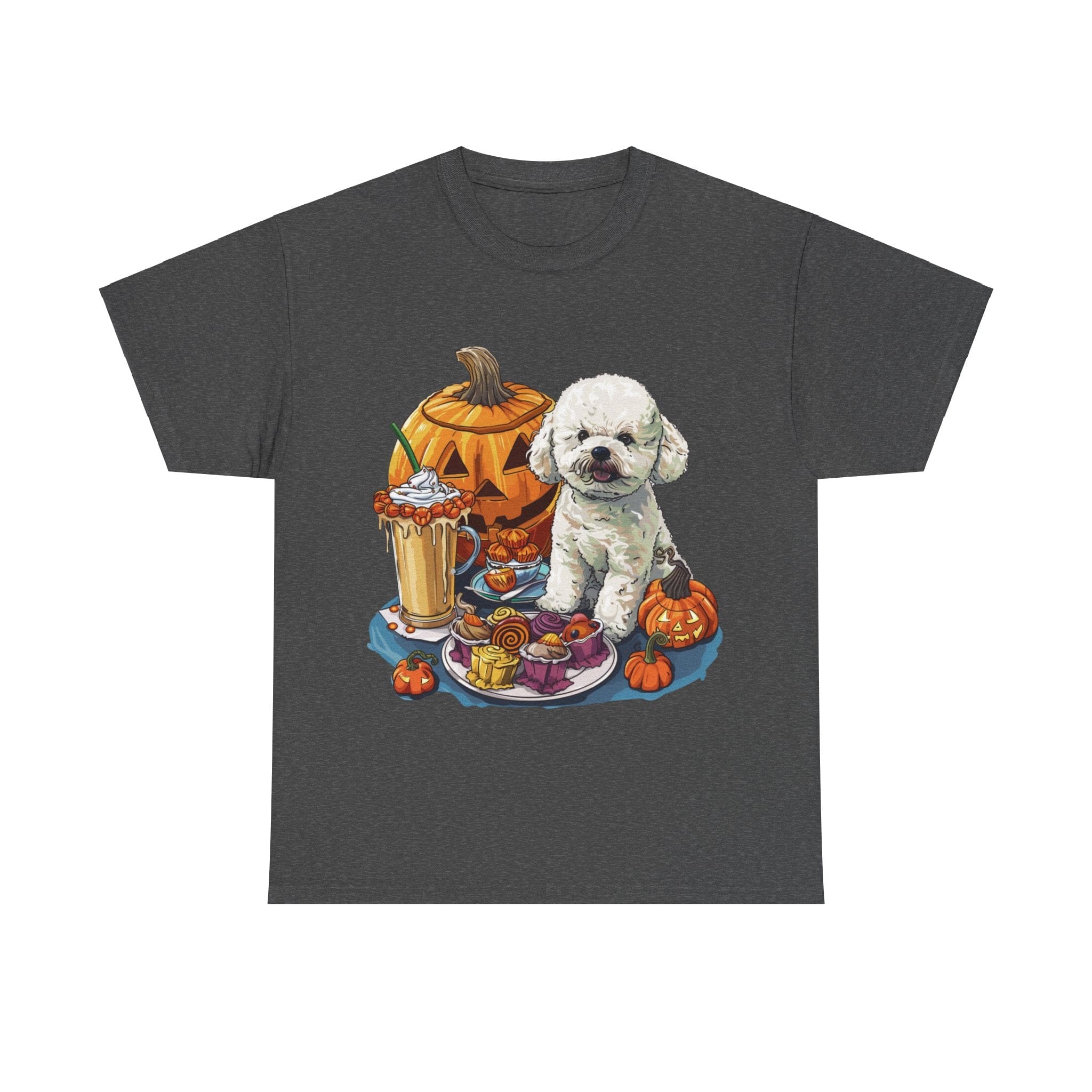 Printify T-Shirt Dark Heather / S Bichon Frise Halloween Design with Jack-o'-Lanterns and Festive Treats – Perfect for Dog Lovers