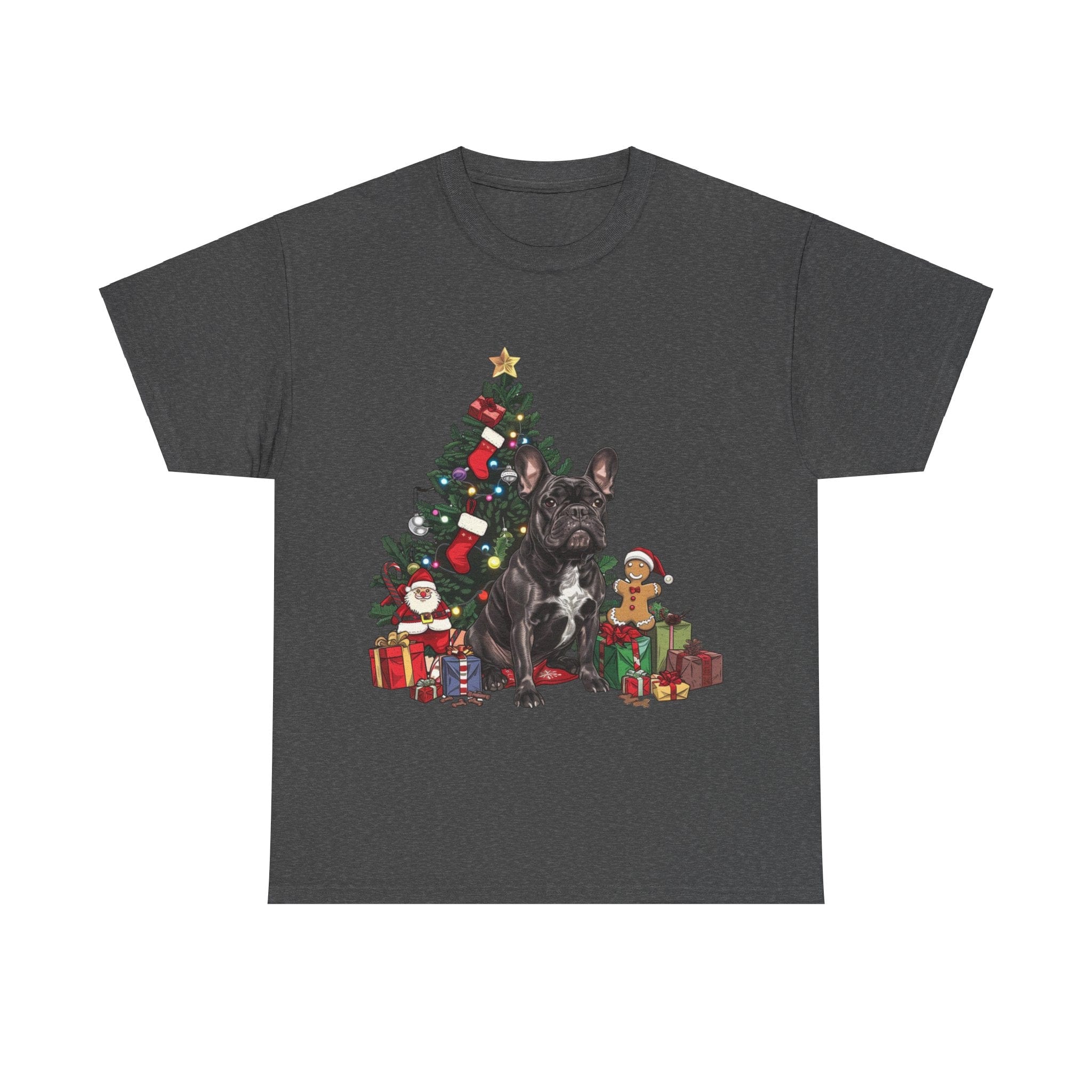 Printify T-Shirt Dark Heather / S Black French Bulldog with Christmas Tree and Gifts – Festive Holiday Dog Art