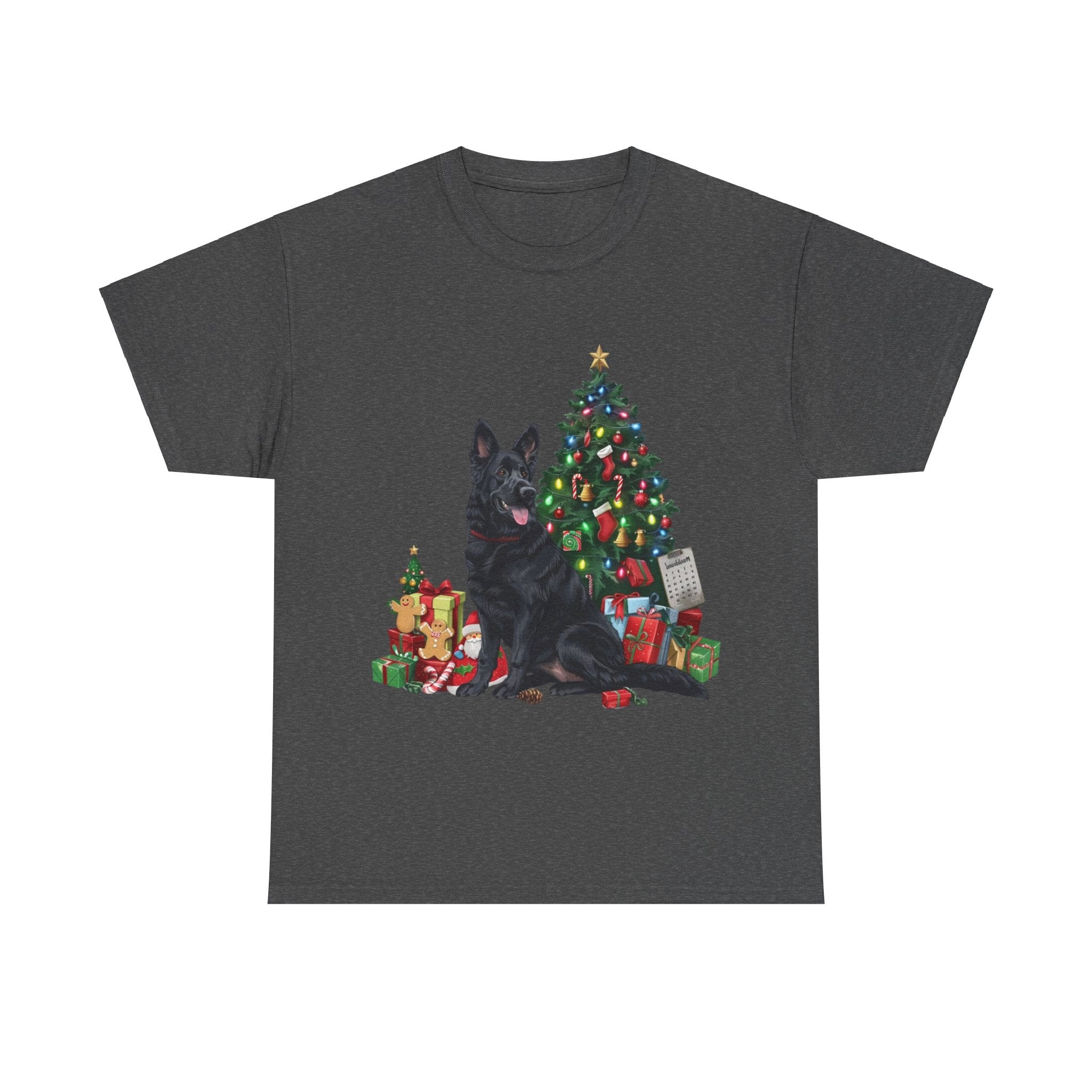 Printify T-Shirt Dark Heather / S Black German Shepherd with Christmas Tree and Gifts – Festive Holiday Dog Art