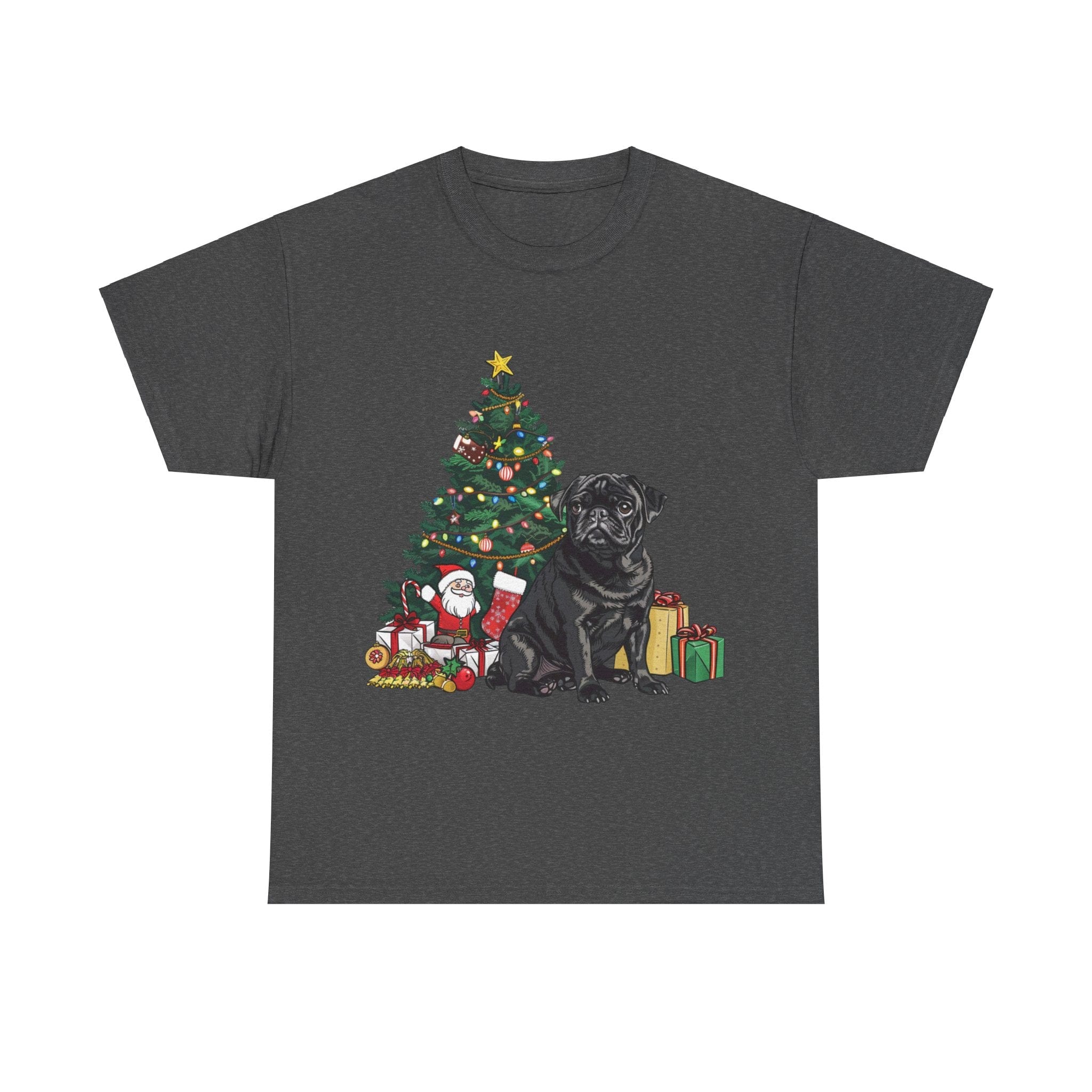 Printify T-Shirt Dark Heather / S Black Pug with Christmas Tree and Gifts – Festive Holiday Dog Art