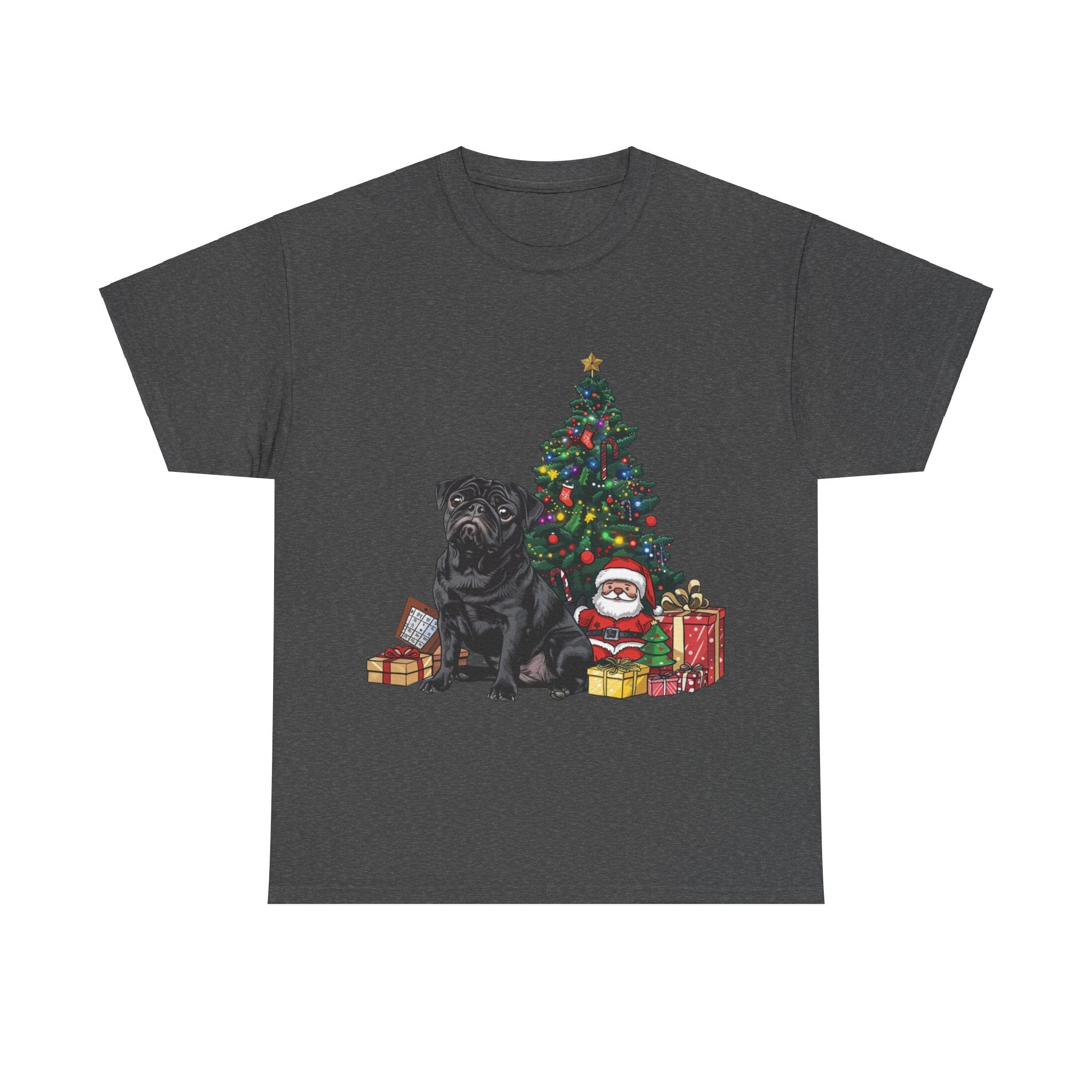 Printify T-Shirt Dark Heather / S Black Pug with Christmas Tree and Santa – Festive Holiday Dog Art