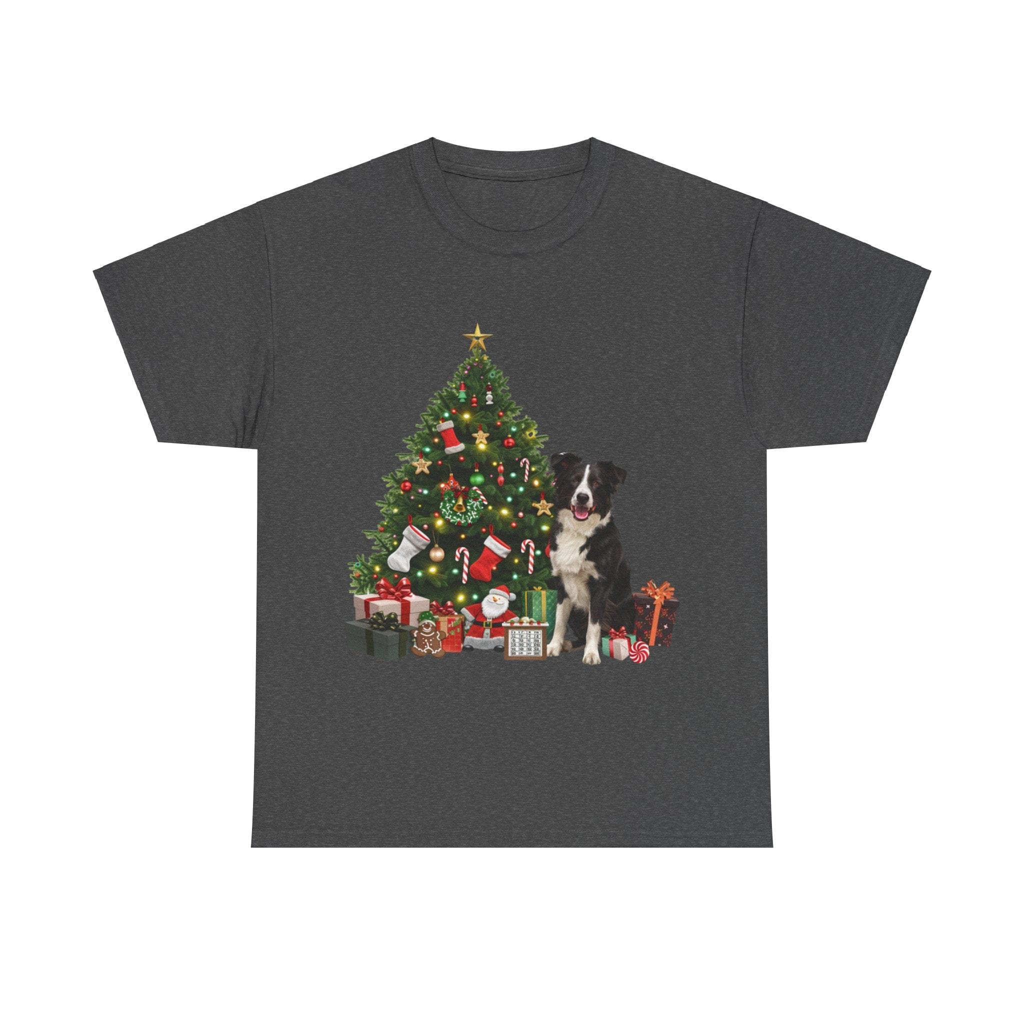 Printify T-Shirt Dark Heather / S Border Collie with Christmas Tree and Gifts – Festive Holiday Dog Art