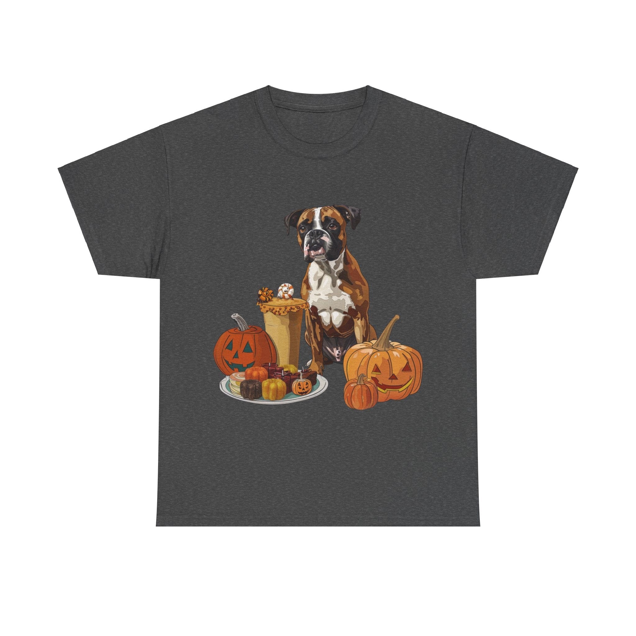 Printify T-Shirt Dark Heather / S Boxer Halloween Design with Jack-o'-Lanterns and Festive Sweets – Ideal for Dog Lovers