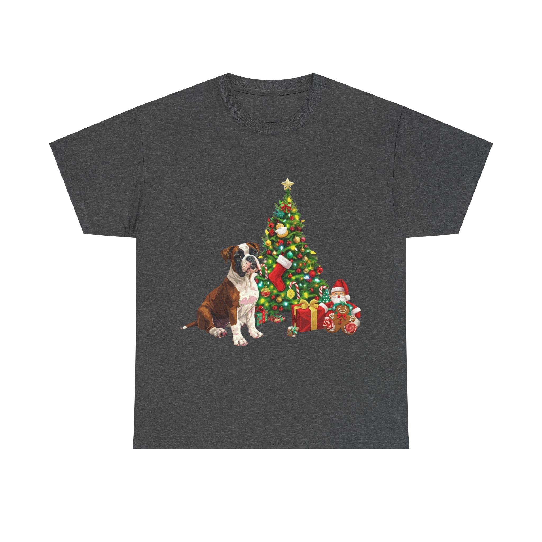 Printify T-Shirt Dark Heather / S Boxer with Christmas Tree and Gifts – Festive Holiday Dog Art