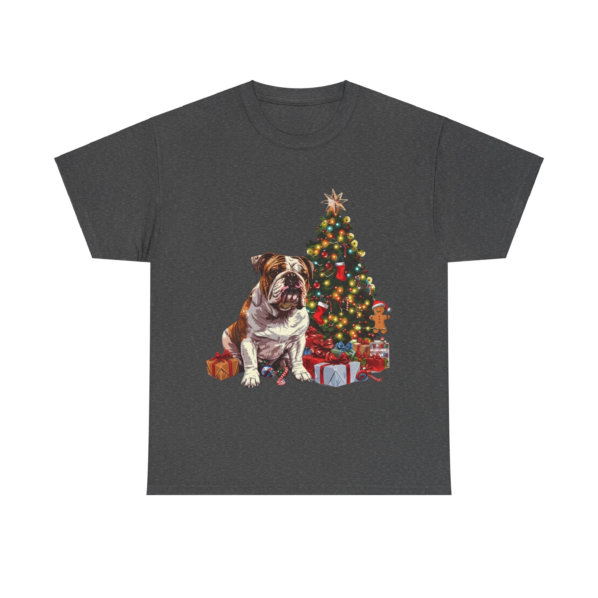 Printify T-Shirt Dark Heather / S Bulldog with Christmas Tree and Gifts – Festive Holiday Dog Art