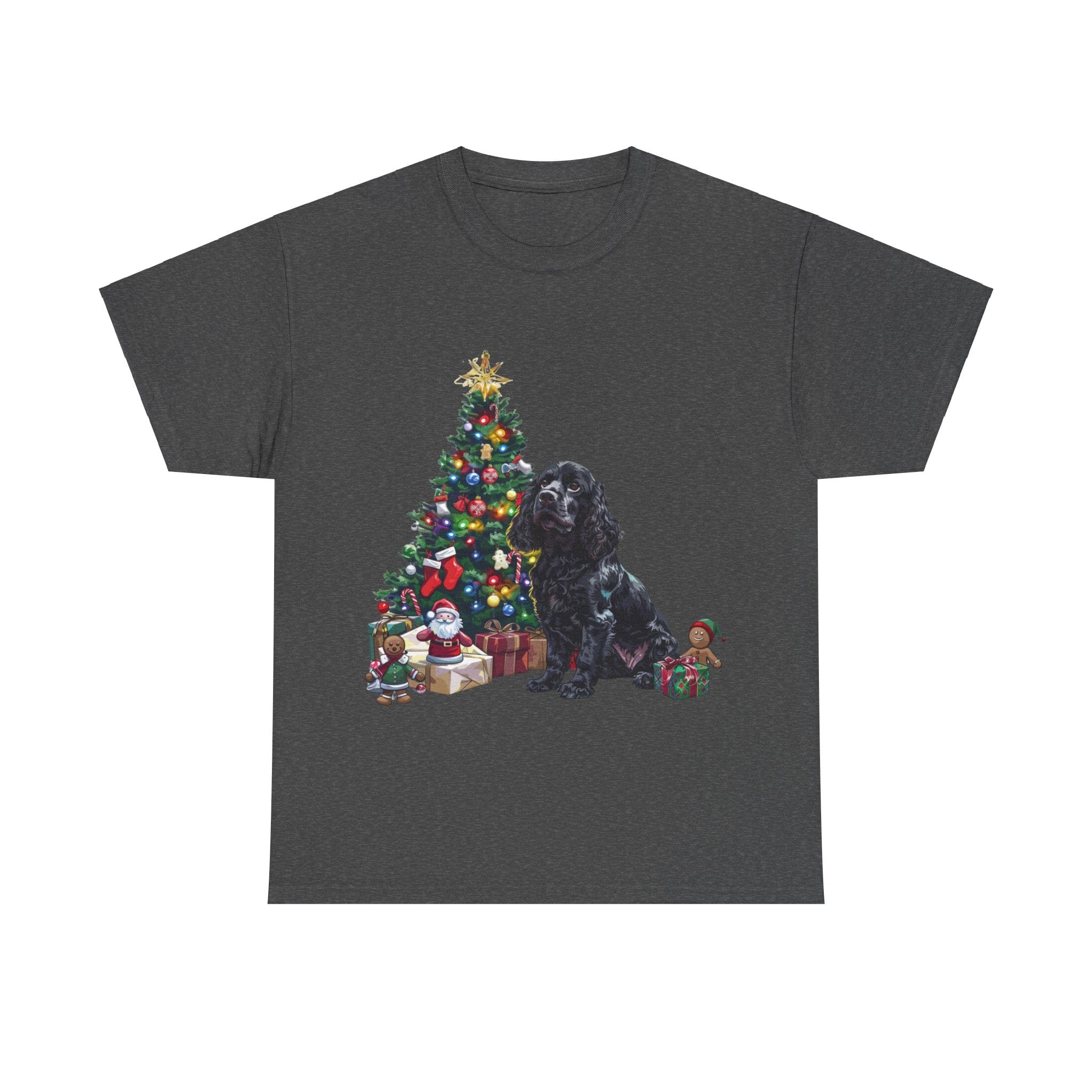 Printify T-Shirt Dark Heather / S Cocker Spaniel with Christmas Tree and Gifts – Festive Holiday Dog Art