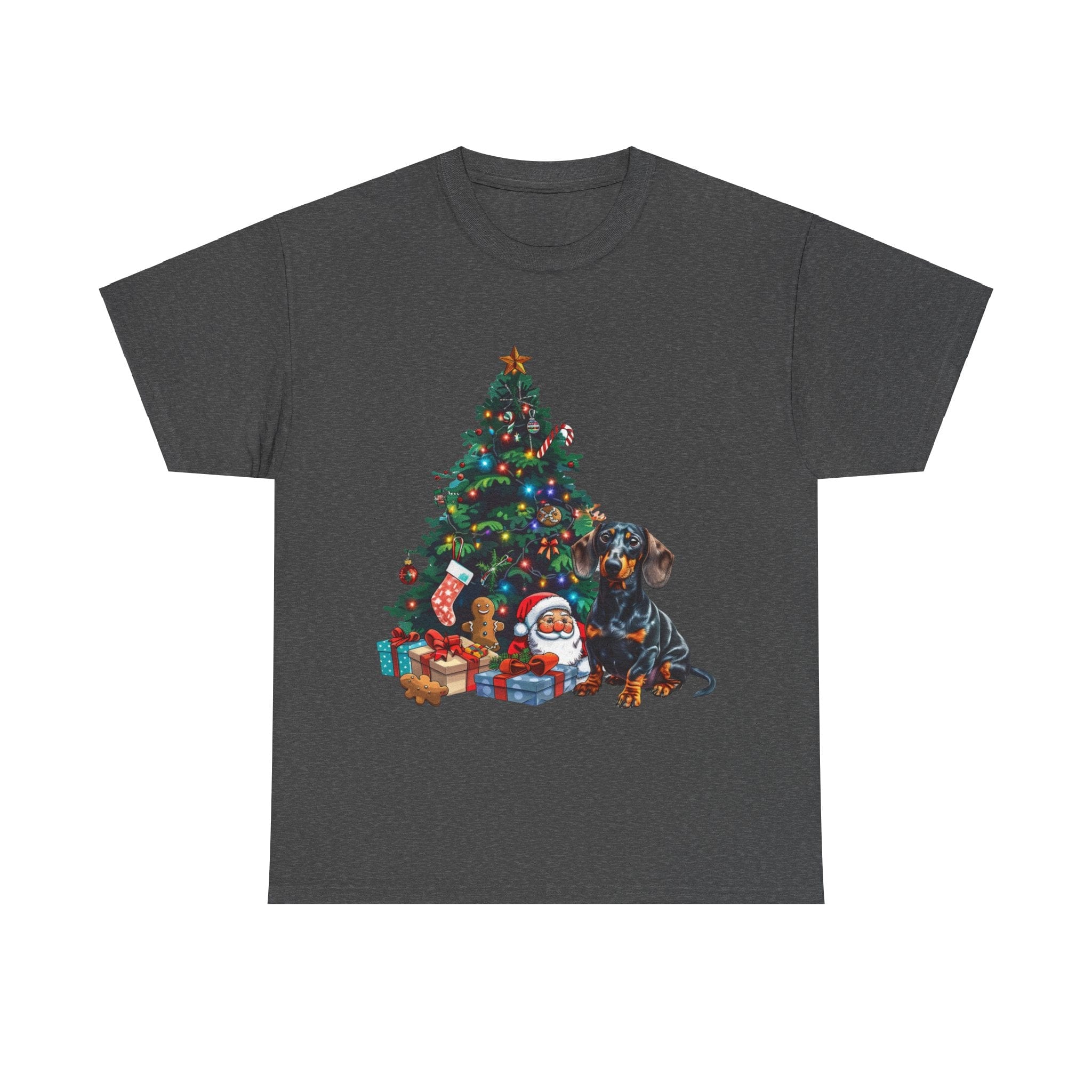 Printify T-Shirt Dark Heather / S Dachshund with Christmas Tree and Santa – Festive Holiday Dog Art