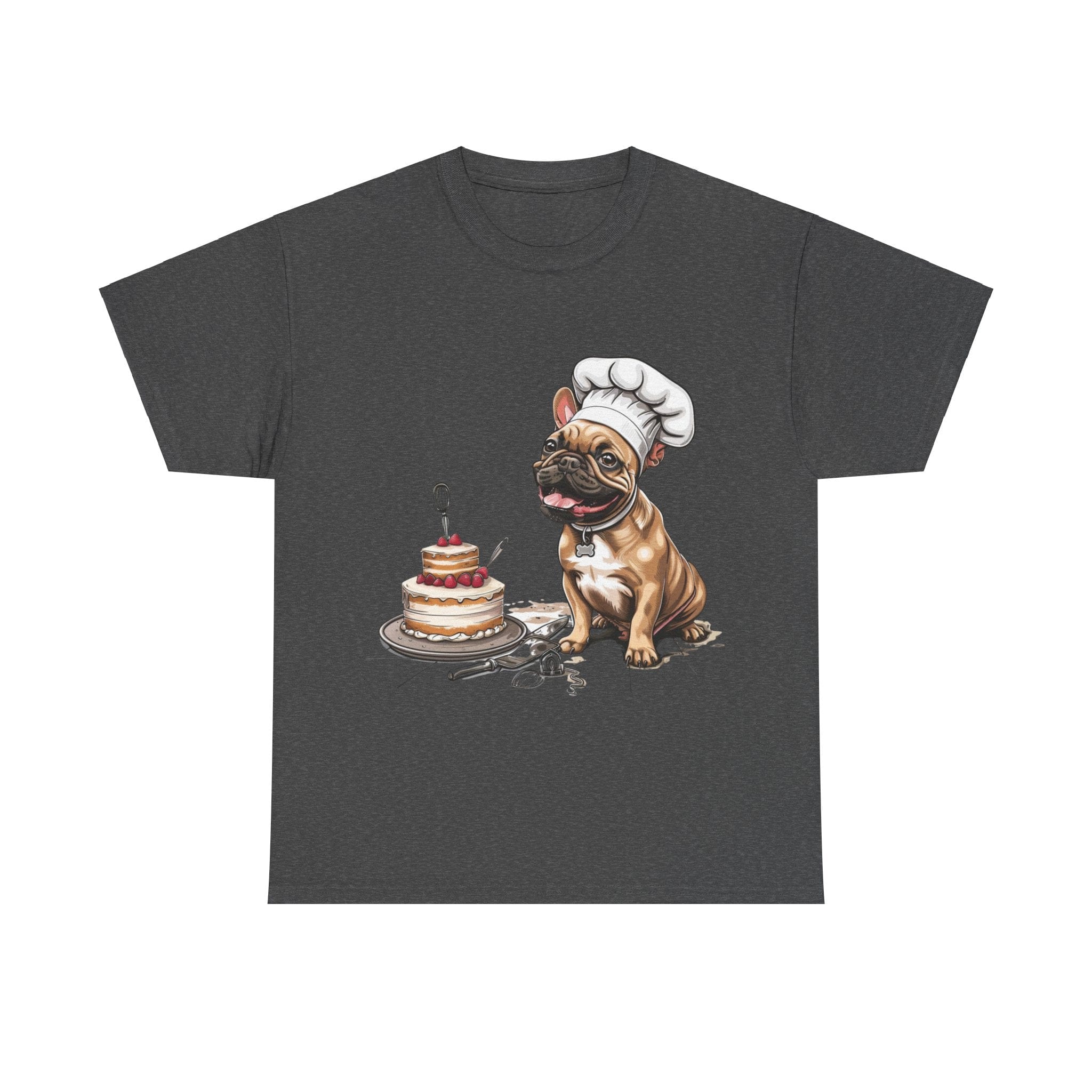 Printify T-Shirt Dark Heather / S French Bulldog Chef Design with Cake – Perfect for Dog Lovers and Baking Enthusiasts