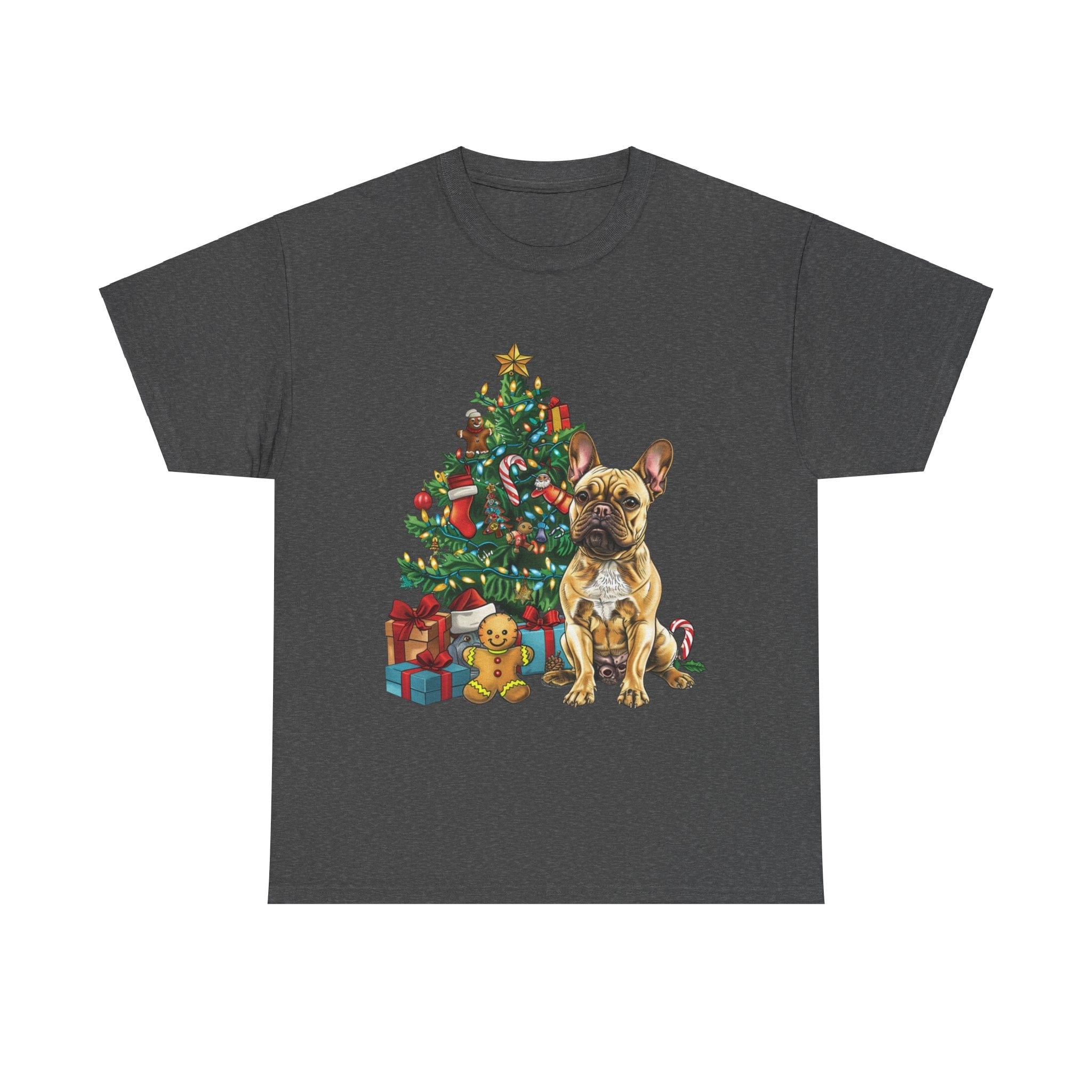 Printify T-Shirt Dark Heather / S French Bulldog Christmas Tree Design with Gifts and Ornaments – Festive Dog Holiday Art