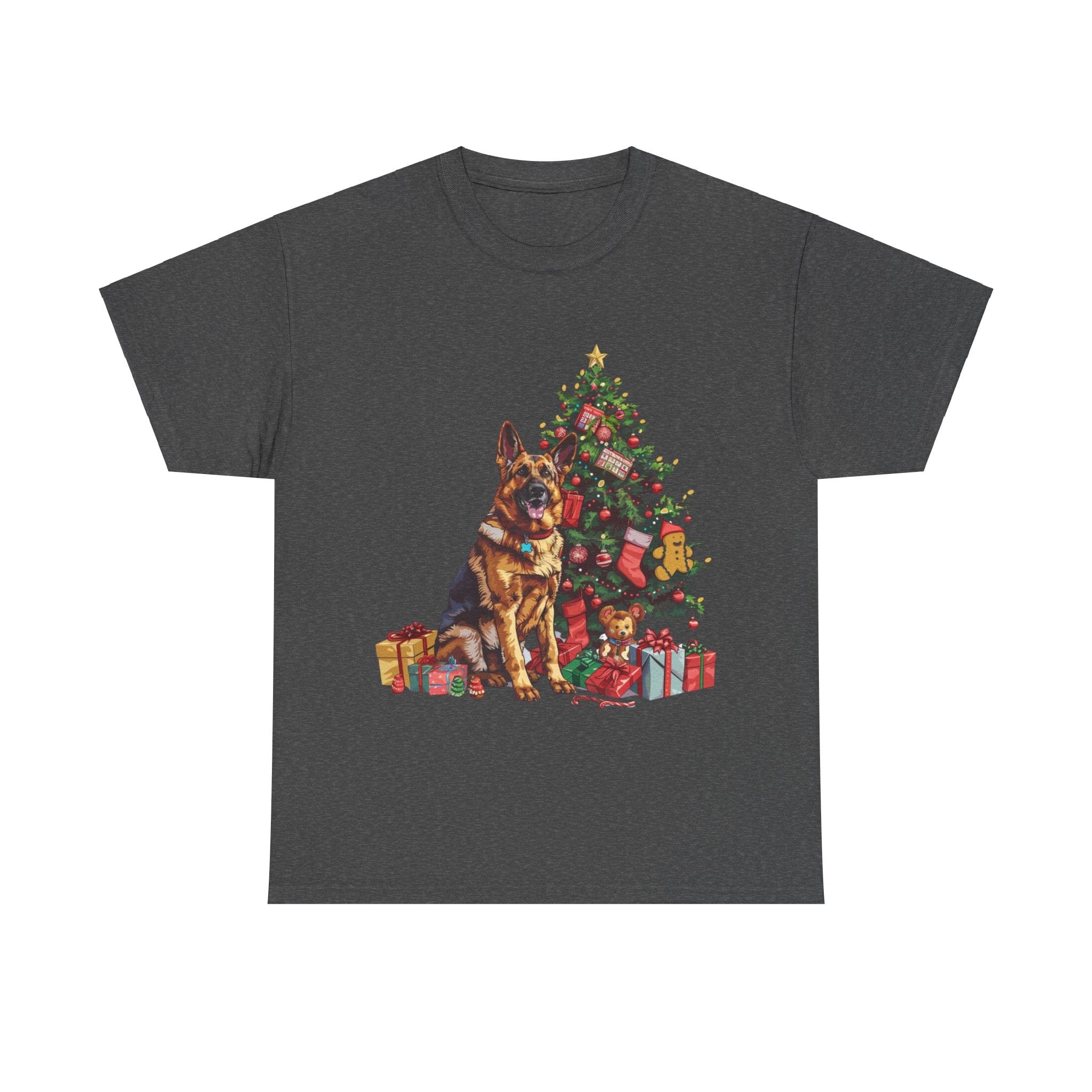 Printify T-Shirt Dark Heather / S German Shepherd Christmas Tree Design with Gifts and Holiday Ornaments – Festive Dog Holiday Art