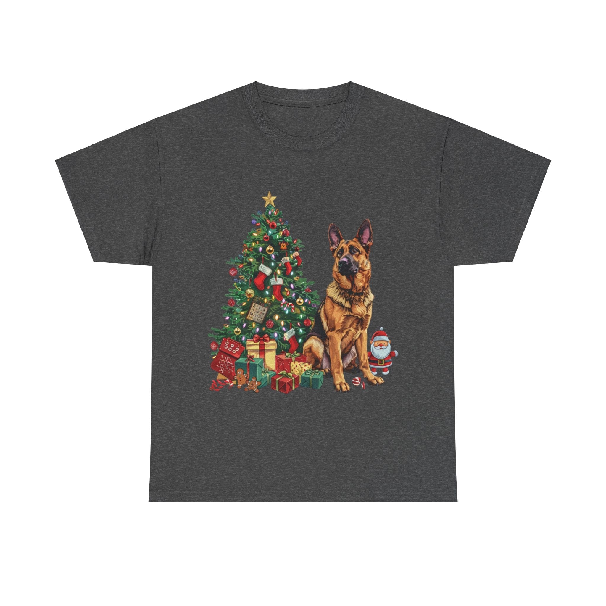 Printify T-Shirt Dark Heather / S German Shepherd Christmas Tree with Santa and Gifts – Festive Holiday Dog Art for Christmas