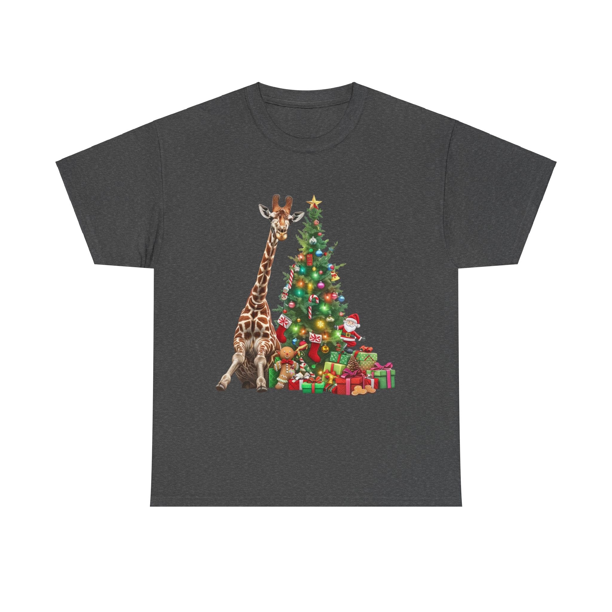 Printify T-Shirt Dark Heather / S Giraffe with Christmas Tree and Gifts – Fun Holiday Animal Art