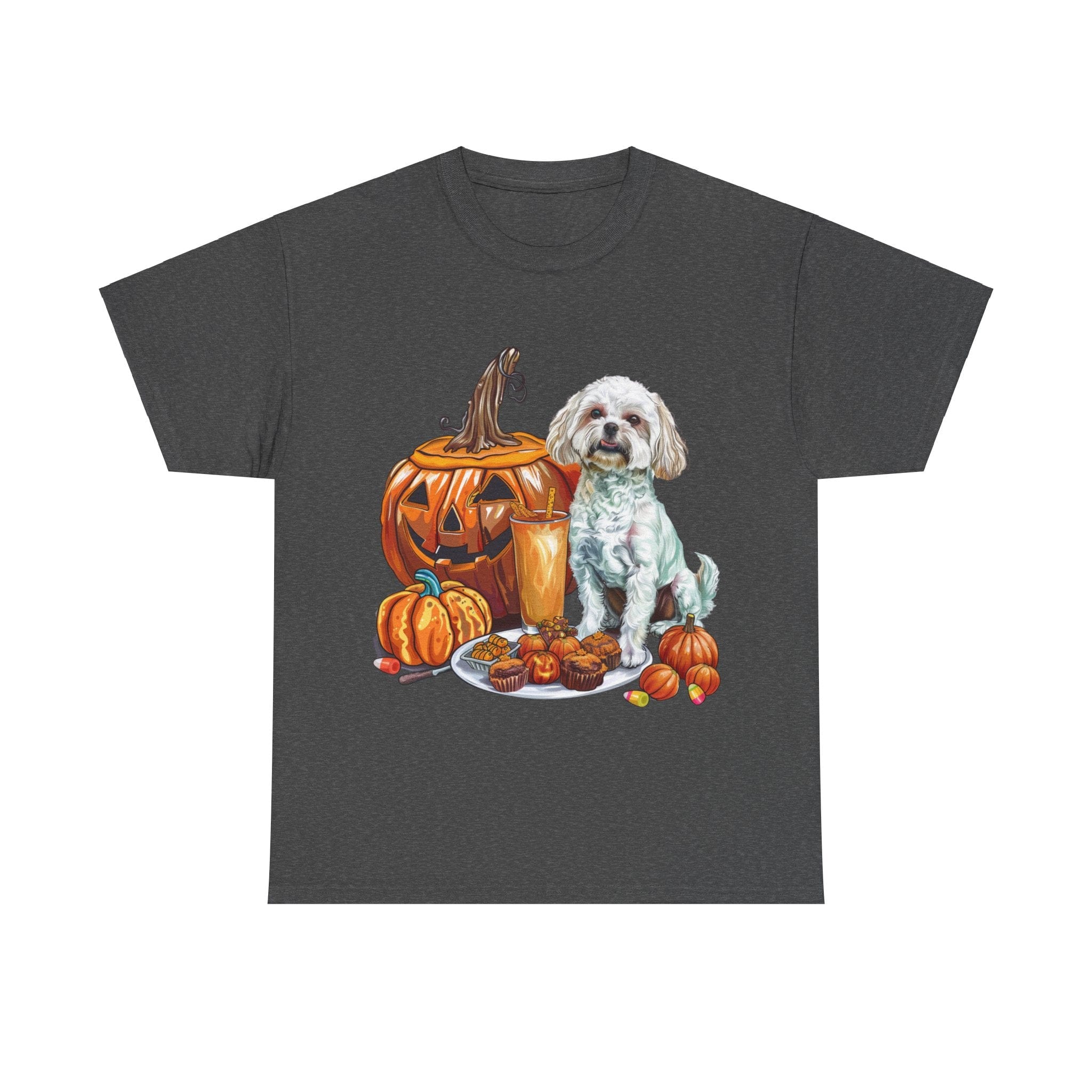 Printify T-Shirt Dark Heather / S Maltese Halloween Design with Jack-o'-Lanterns and Festive Pumpkin Treats – Perfect for Dog Lovers