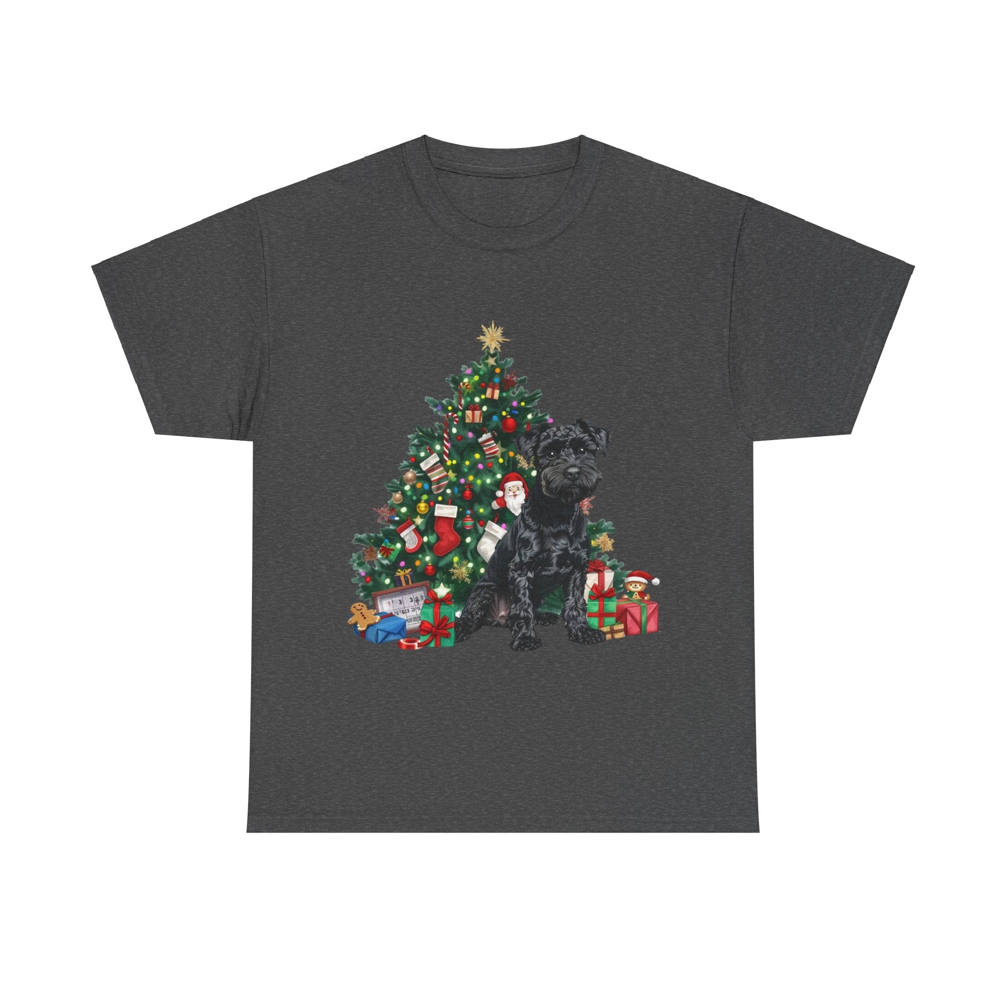 Printify T-Shirt Dark Heather / S Miniature Schnauzer with Christmas Tree and Gifts – Festive Holiday Dog Art