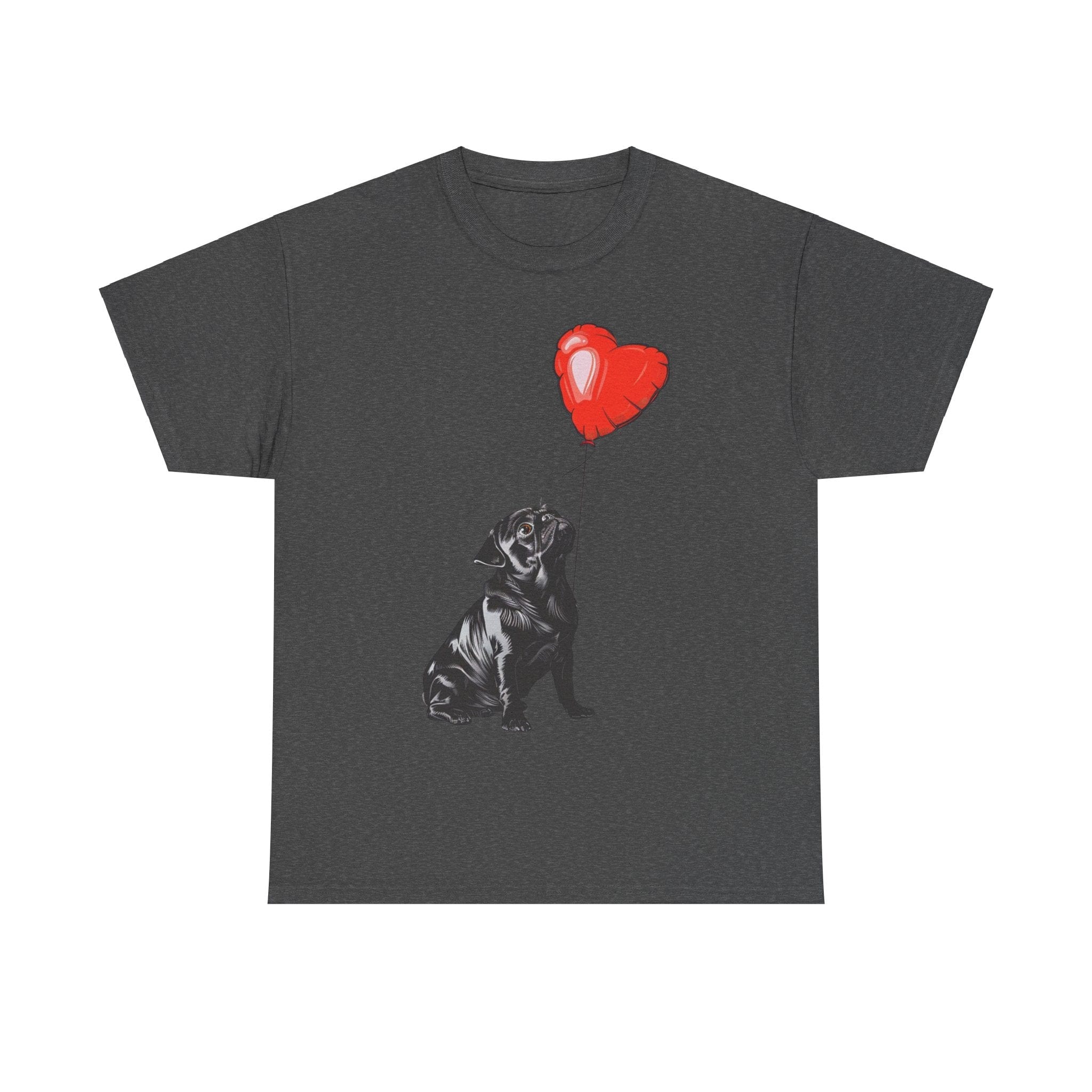 Printify T-Shirt Dark Heather / S Pug Heart Balloon T-Shirt – Adorable Dog Lover's Apparel with Heart Balloon Art