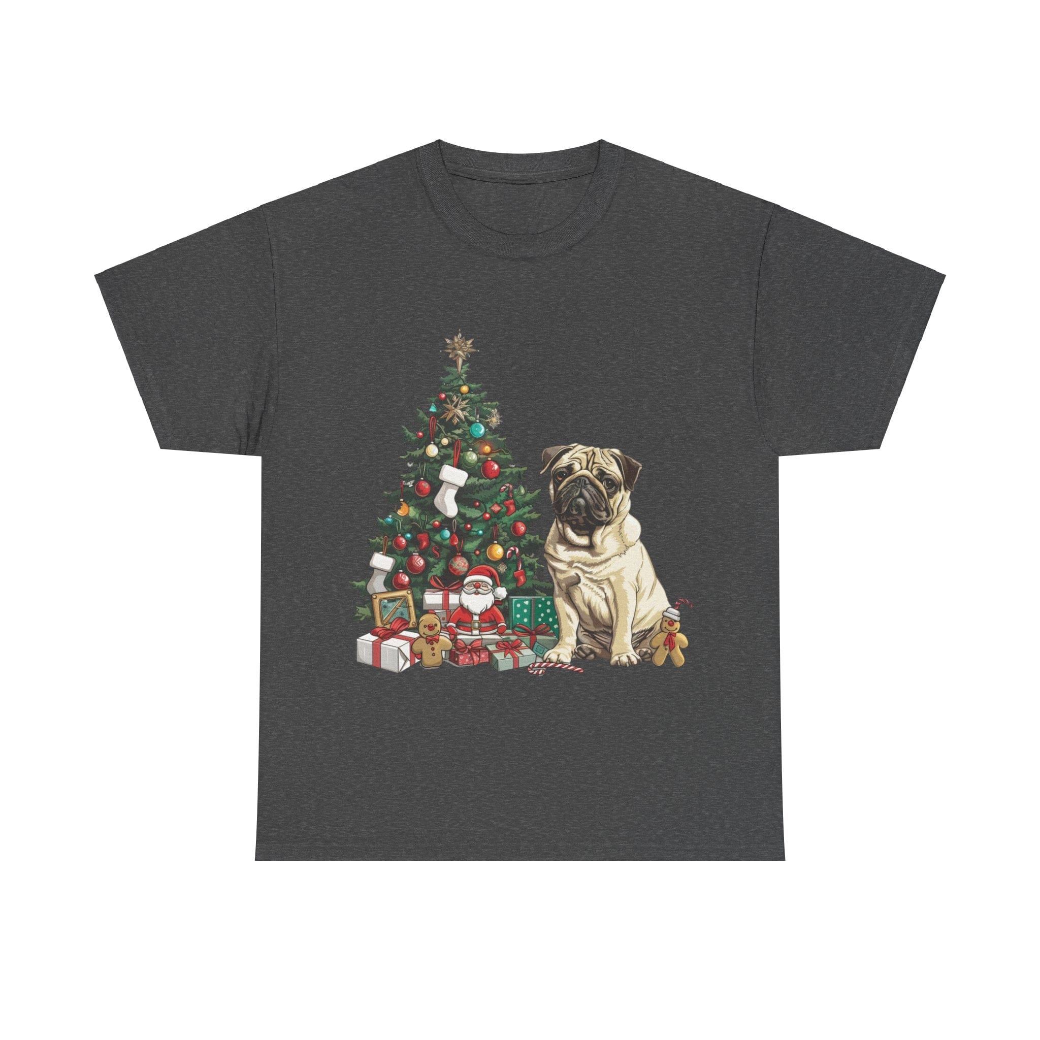 Printify T-Shirt Dark Heather / S Pug with Christmas Tree and Gifts – Festive Holiday Dog Art