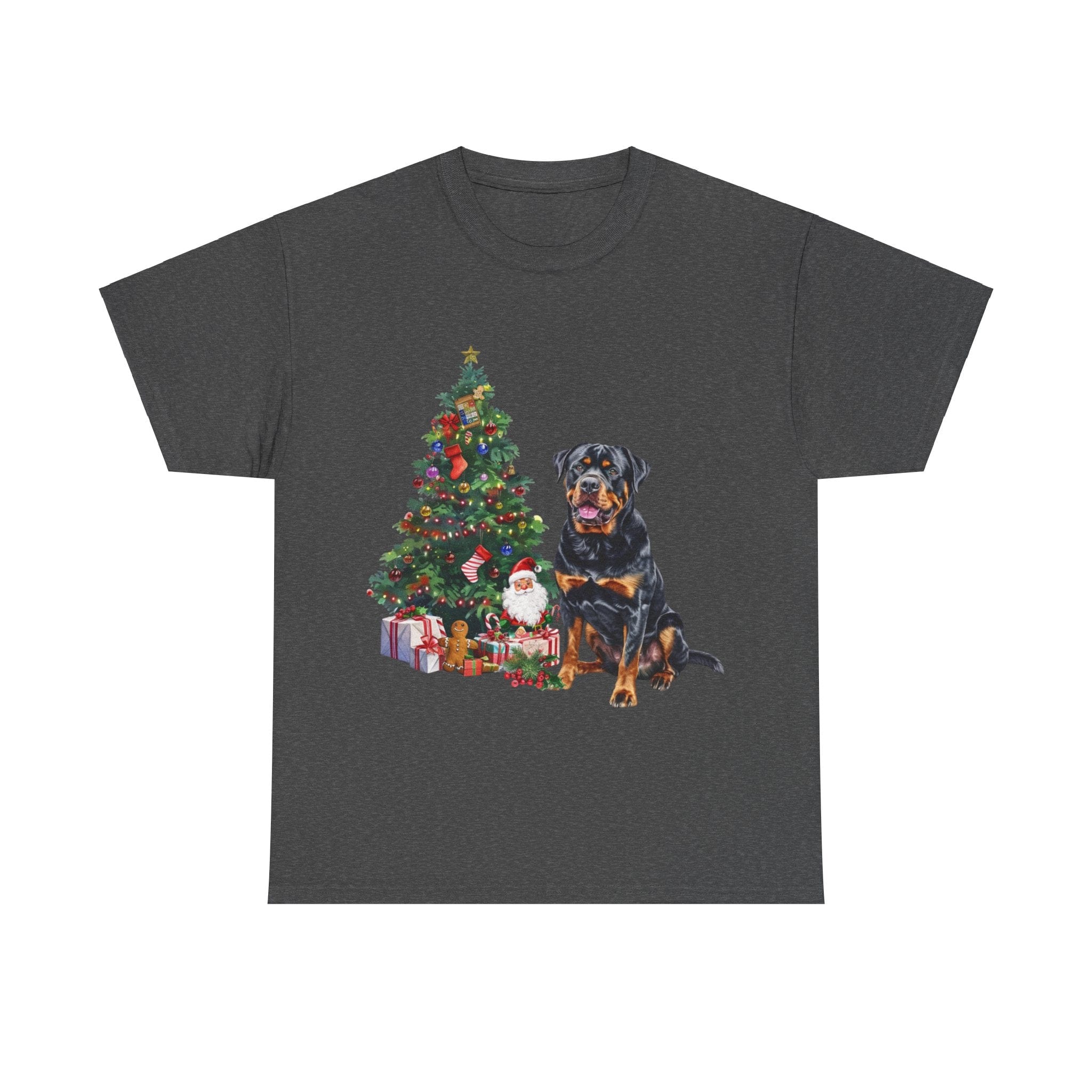 Printify T-Shirt Dark Heather / S Rottweiler with Christmas Tree and Gifts – Festive Holiday Dog Art