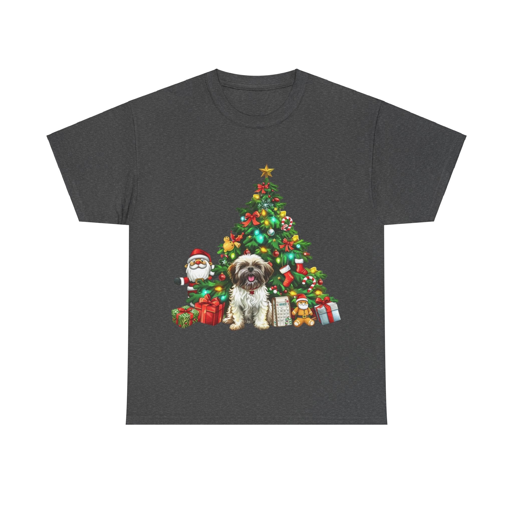 Printify T-Shirt Dark Heather / S Shih Tzu with Christmas Tree and Gifts – Festive Holiday Dog Art