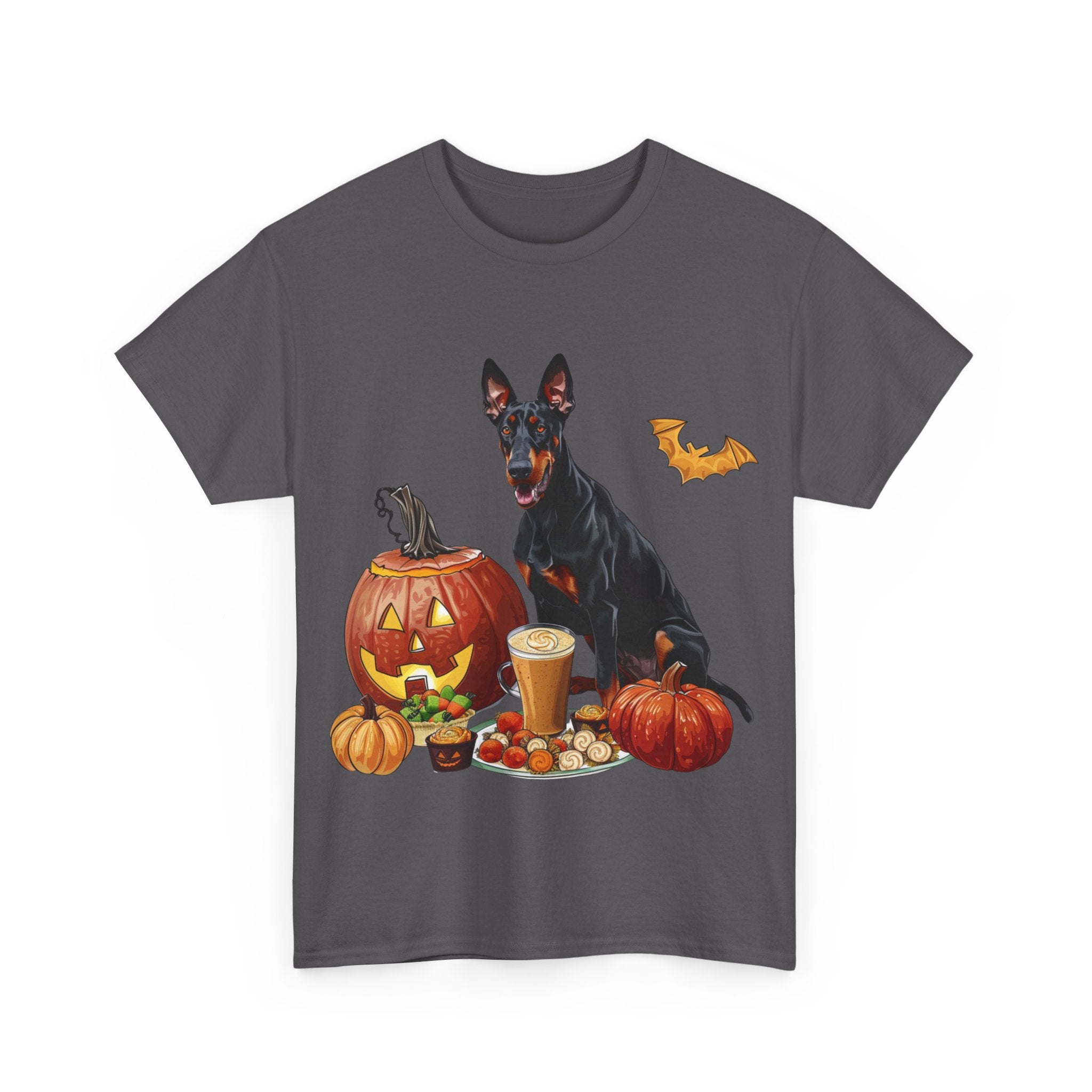 Printify T-Shirt Doberman Halloween Design with Jack-o'-Lanterns and Festive Treats – Perfect for Dog Lovers