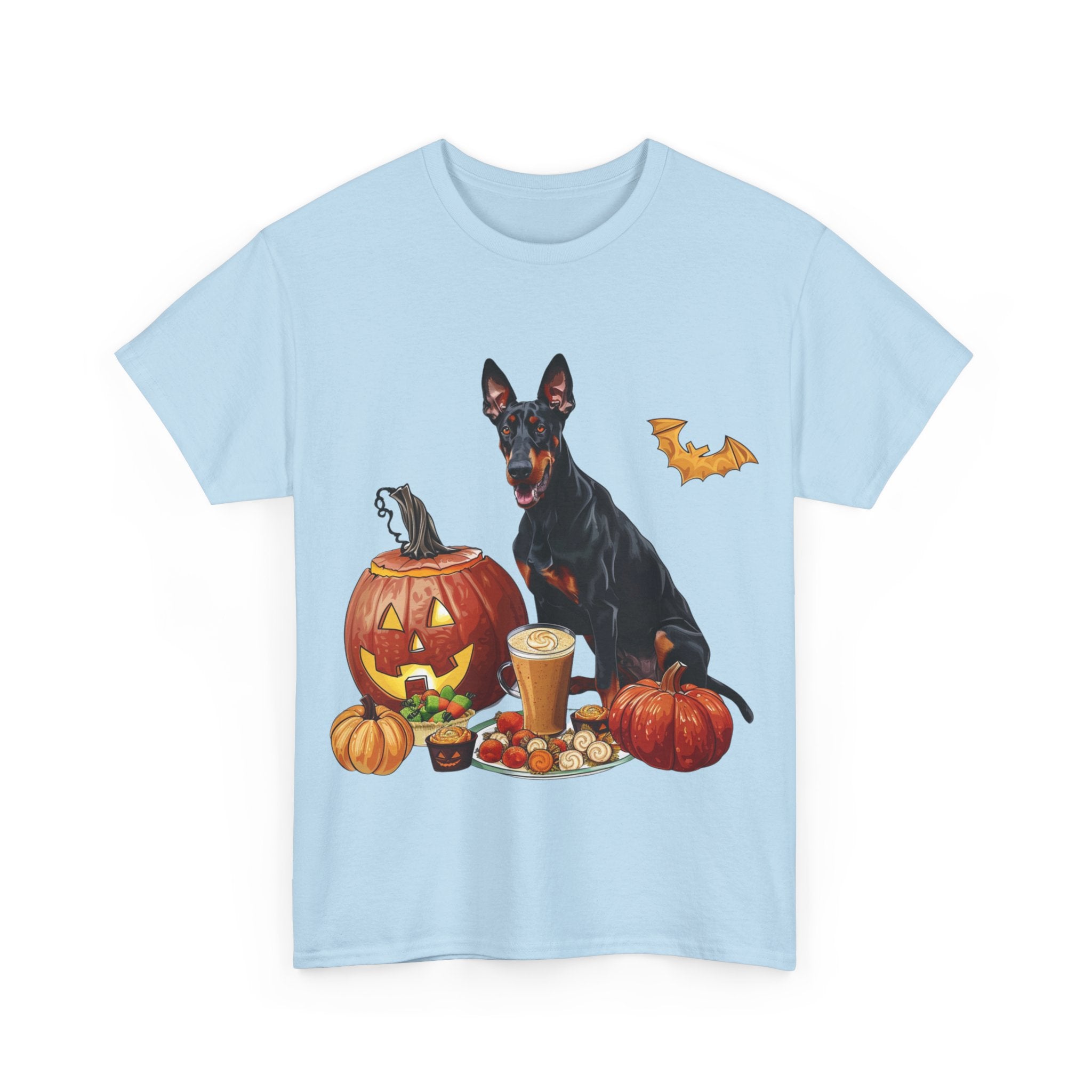 Printify T-Shirt Doberman Halloween Design with Jack-o'-Lanterns and Festive Treats – Perfect for Dog Lovers