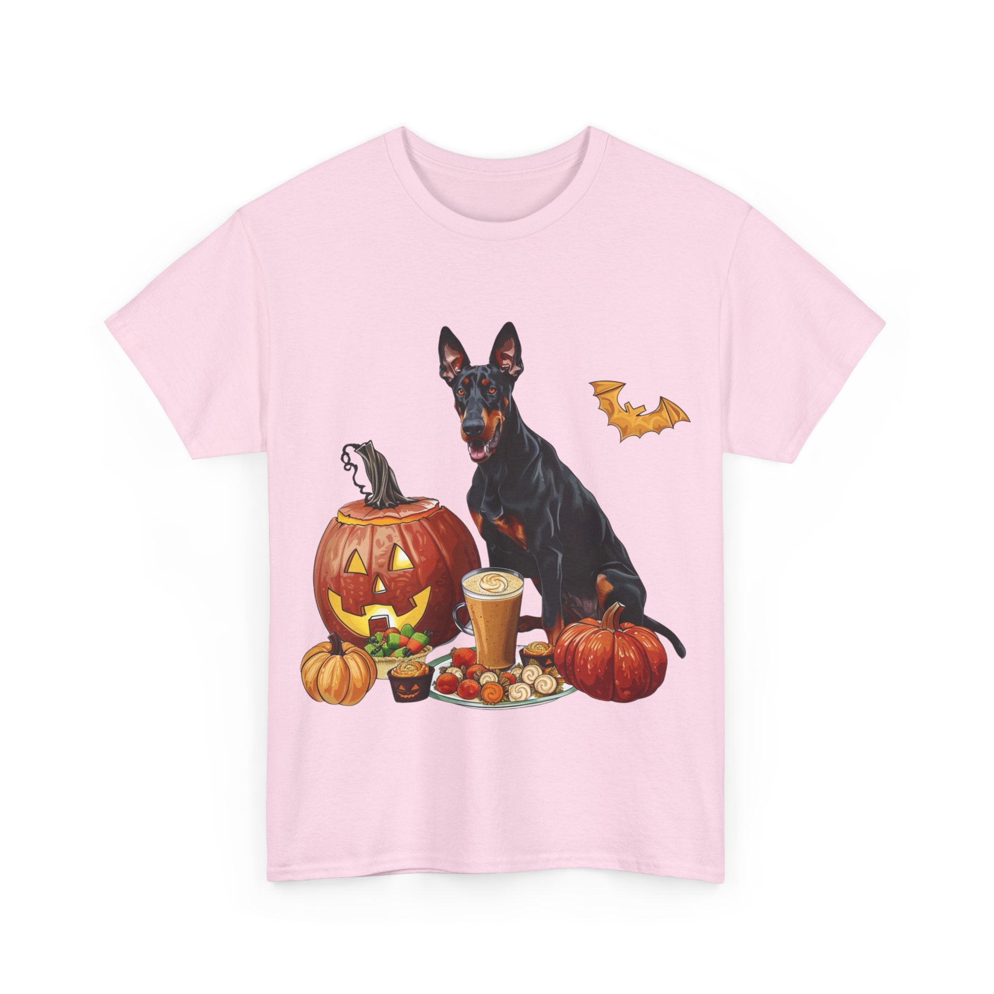 Printify T-Shirt Doberman Halloween Design with Jack-o'-Lanterns and Festive Treats – Perfect for Dog Lovers