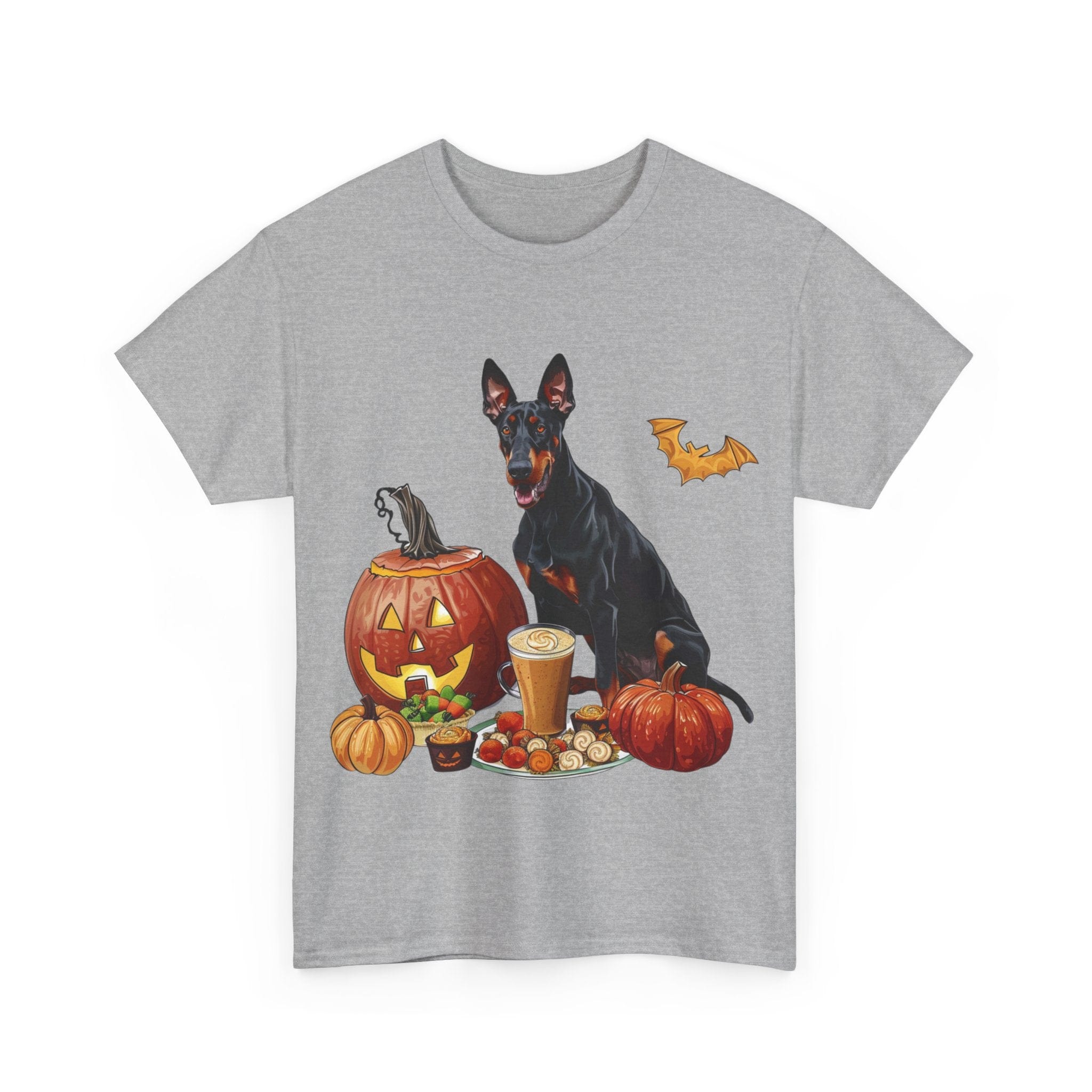 Printify T-Shirt Doberman Halloween Design with Jack-o'-Lanterns and Festive Treats – Perfect for Dog Lovers