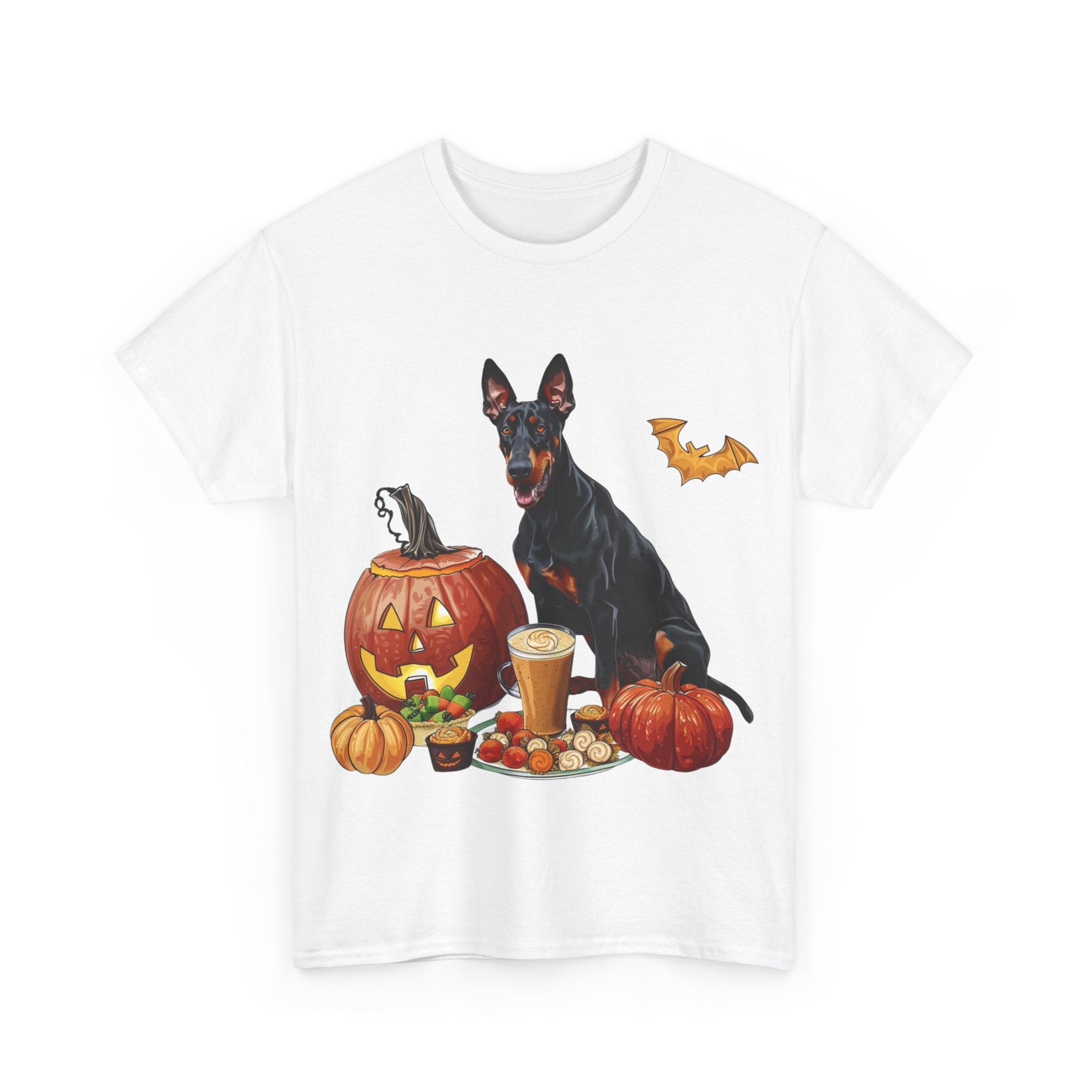 Printify T-Shirt Doberman Halloween Design with Jack-o'-Lanterns and Festive Treats – Perfect for Dog Lovers