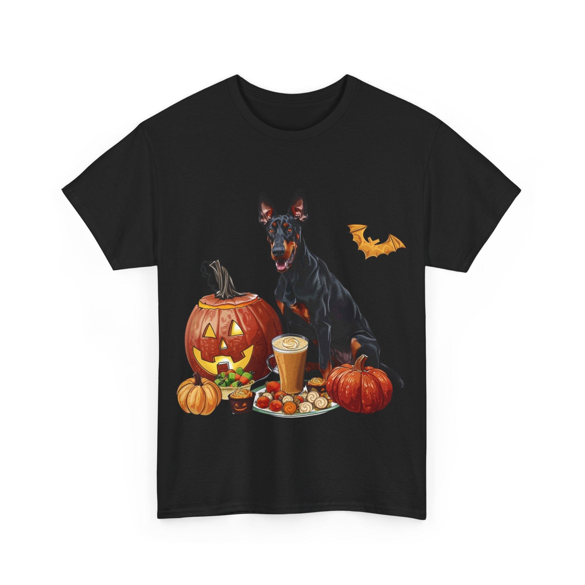 Printify T-Shirt Doberman Halloween Design with Jack-o'-Lanterns and Festive Treats – Perfect for Dog Lovers