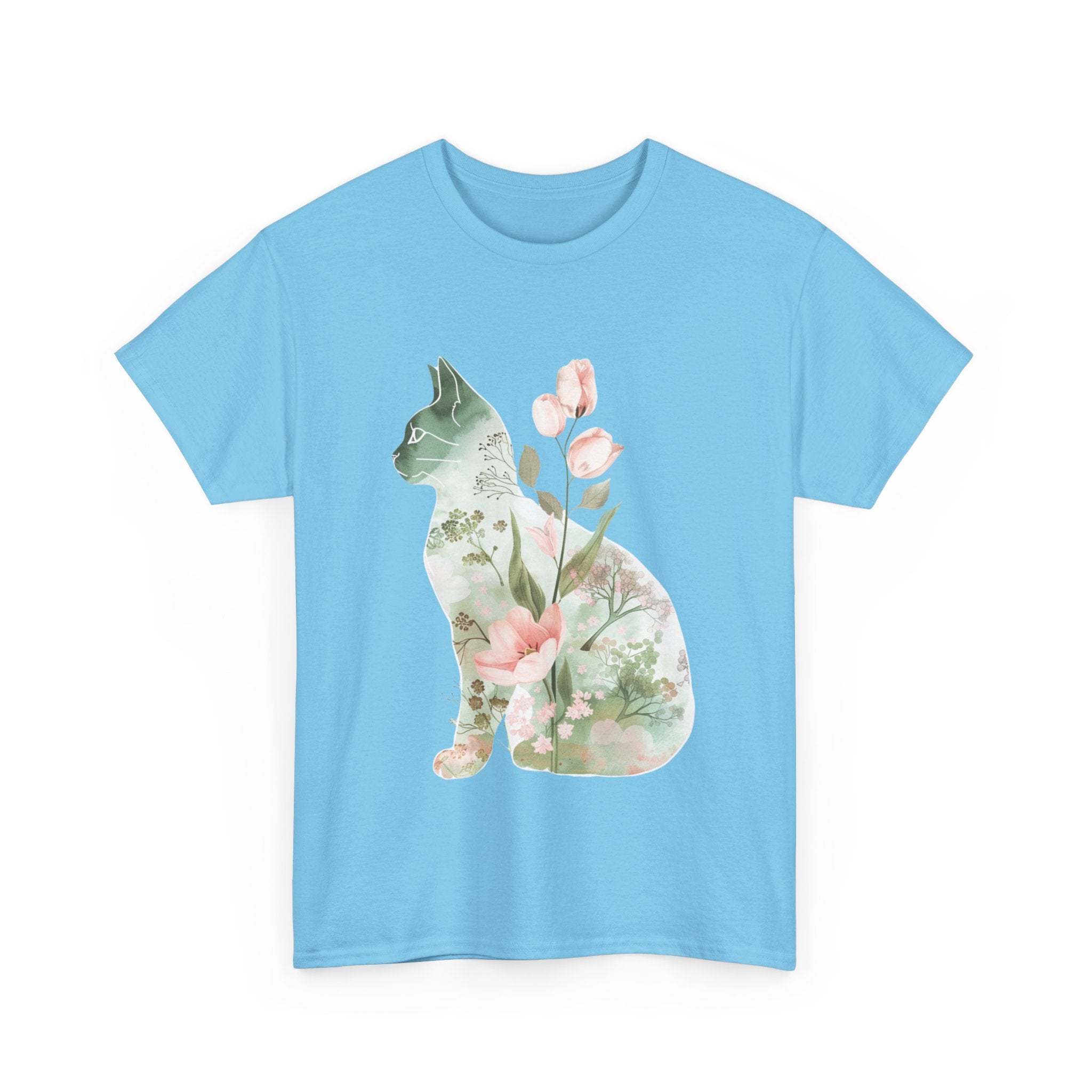 Printify T-Shirt Floral Cat Unisex Heavy Cotton Tee