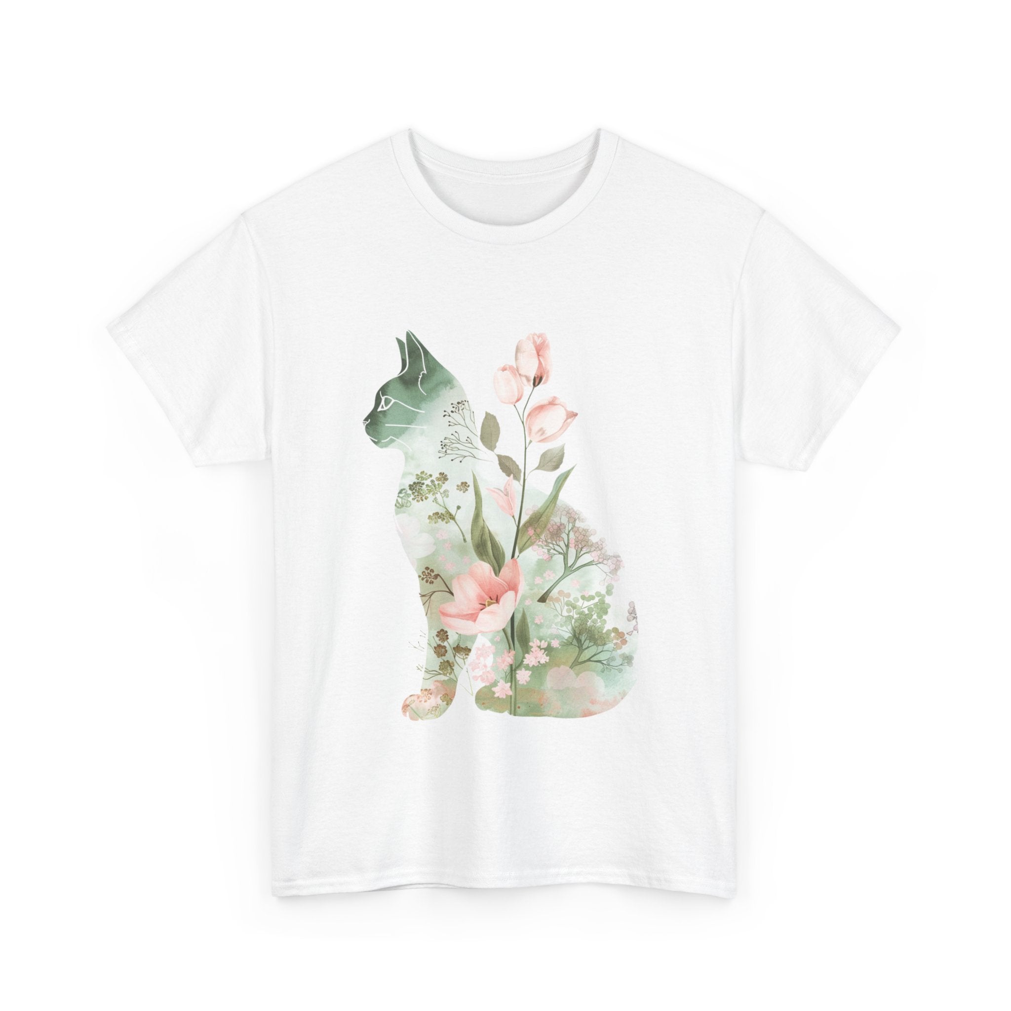 Printify T-Shirt Floral Cat Unisex Heavy Cotton Tee