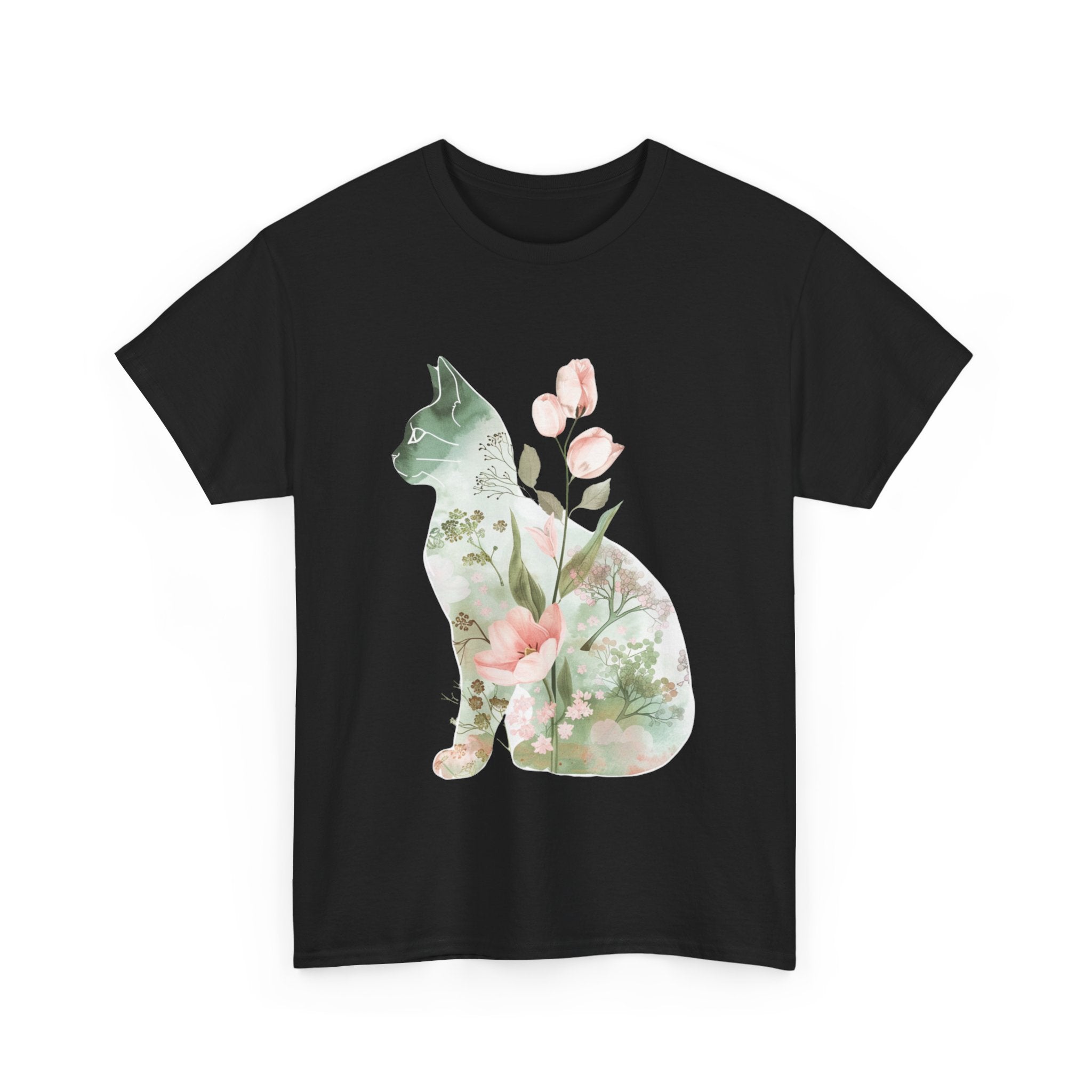 Printify T-Shirt Floral Cat Unisex Heavy Cotton Tee